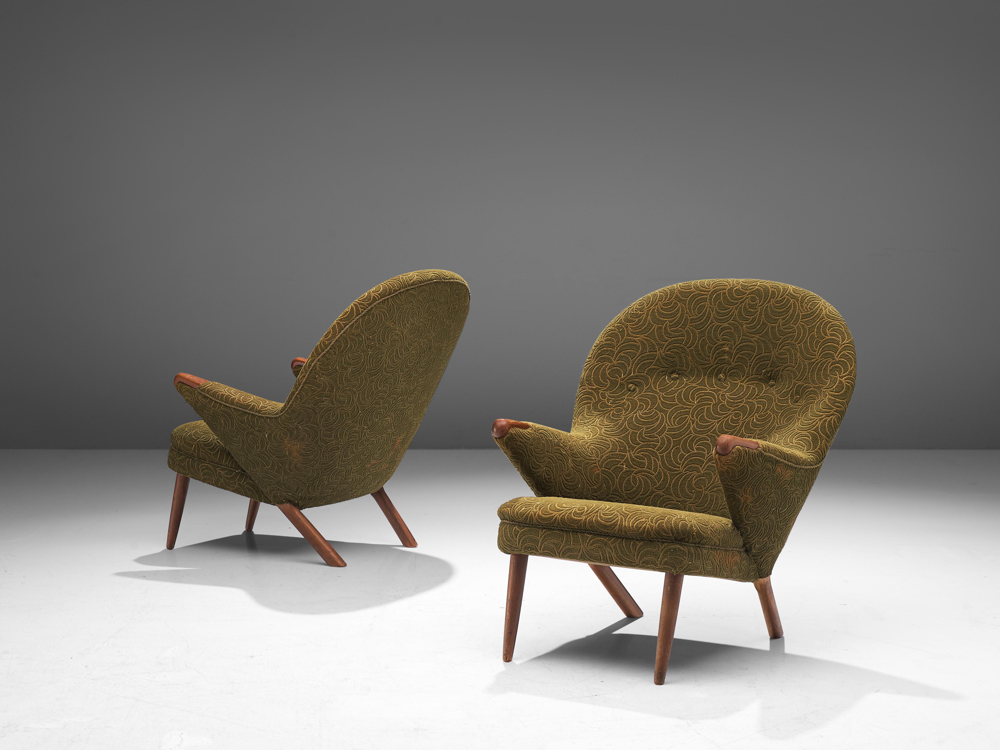 Danish Georg Thams Lounge Chairs Model 47 in Teak and Patterned Green Fabric