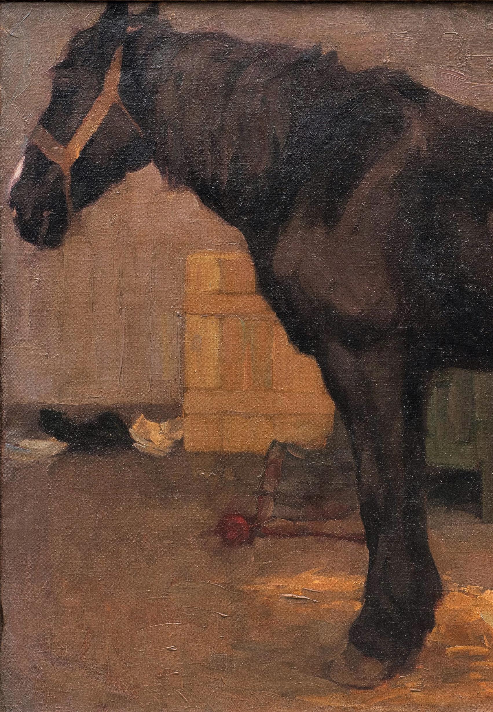 Antique Horse Painting
“Standing Horse in the Stable”
Georg Wolf (Alsace/Germany 1882-1962)
Oil on canvas
39 1/2 x 21 1/2 (46 1/4 x 38 1/4 frame) inches
Estate stamp and inventory No. 178 on the back of the frame. 

This very large canvas creates an