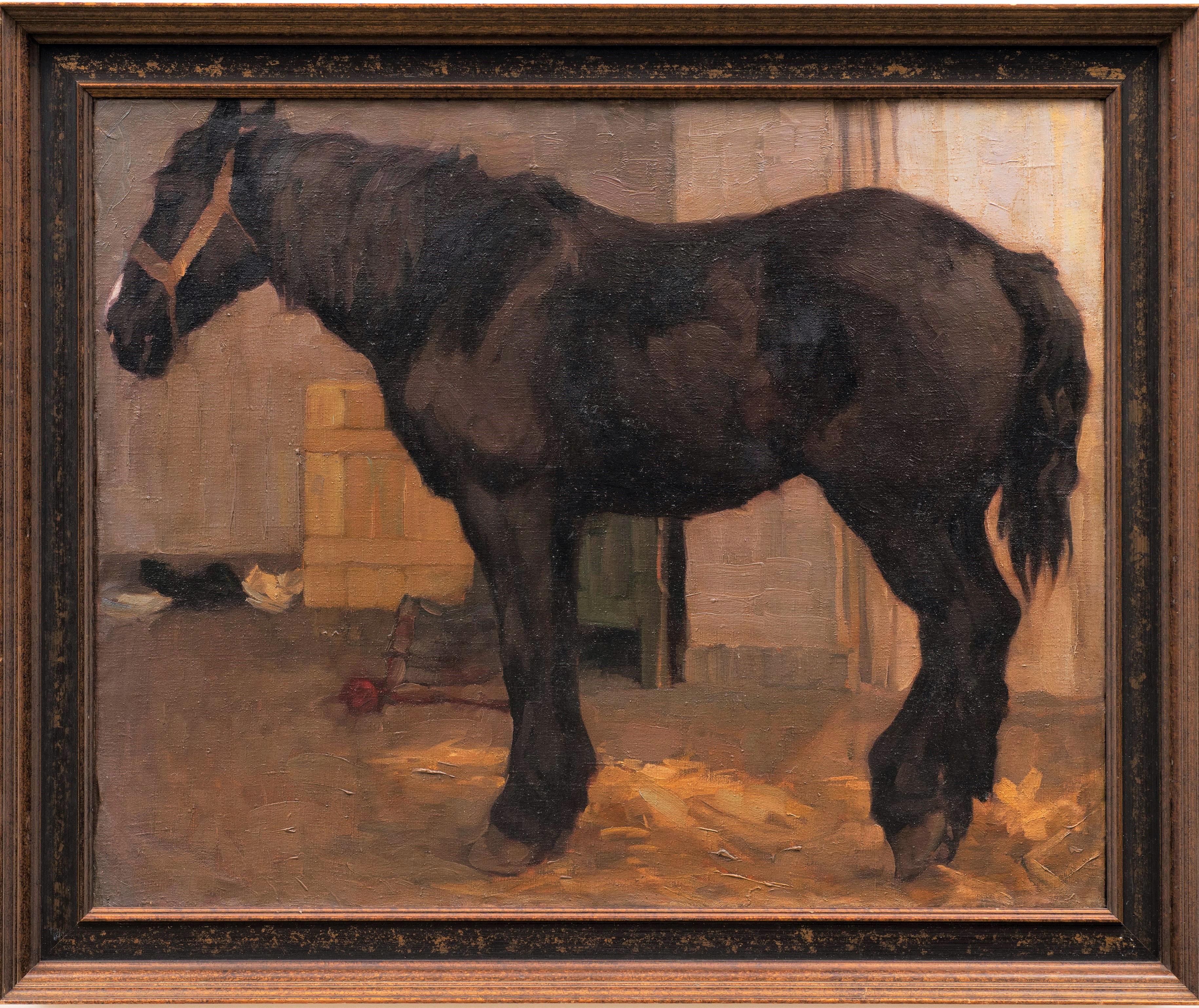 Horse Painting "Standing Horse in the Stable" Georg Wolf circa 1910