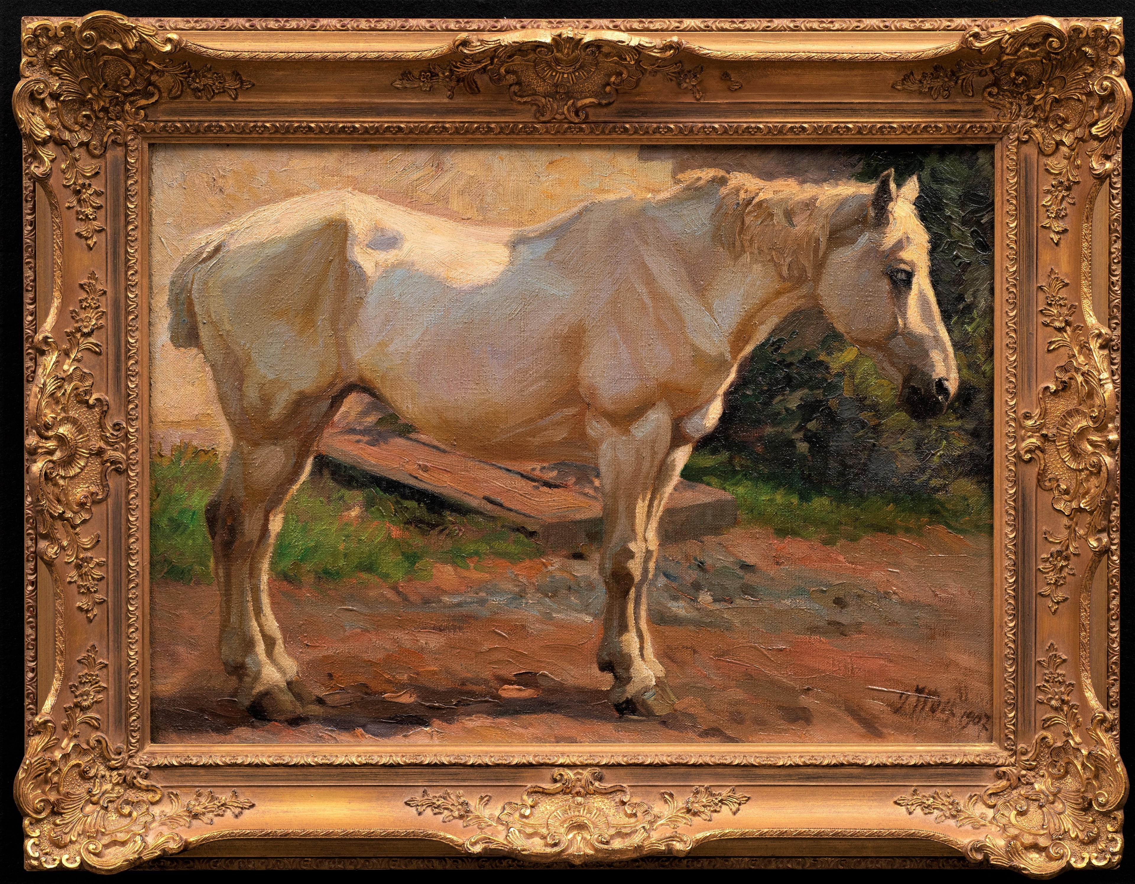 Peinture ancienne de cheval
"Cheval gris debout, face à la droite
Georg Wolf (Allemagne 1882-1962)
Huile sur toile
Signé et daté 1907 en bas à droite
27 x 19 (35 x 27 cadre) pouces

Avec sa queue courte pour ne pas s'emmêler, il est évident que ce
