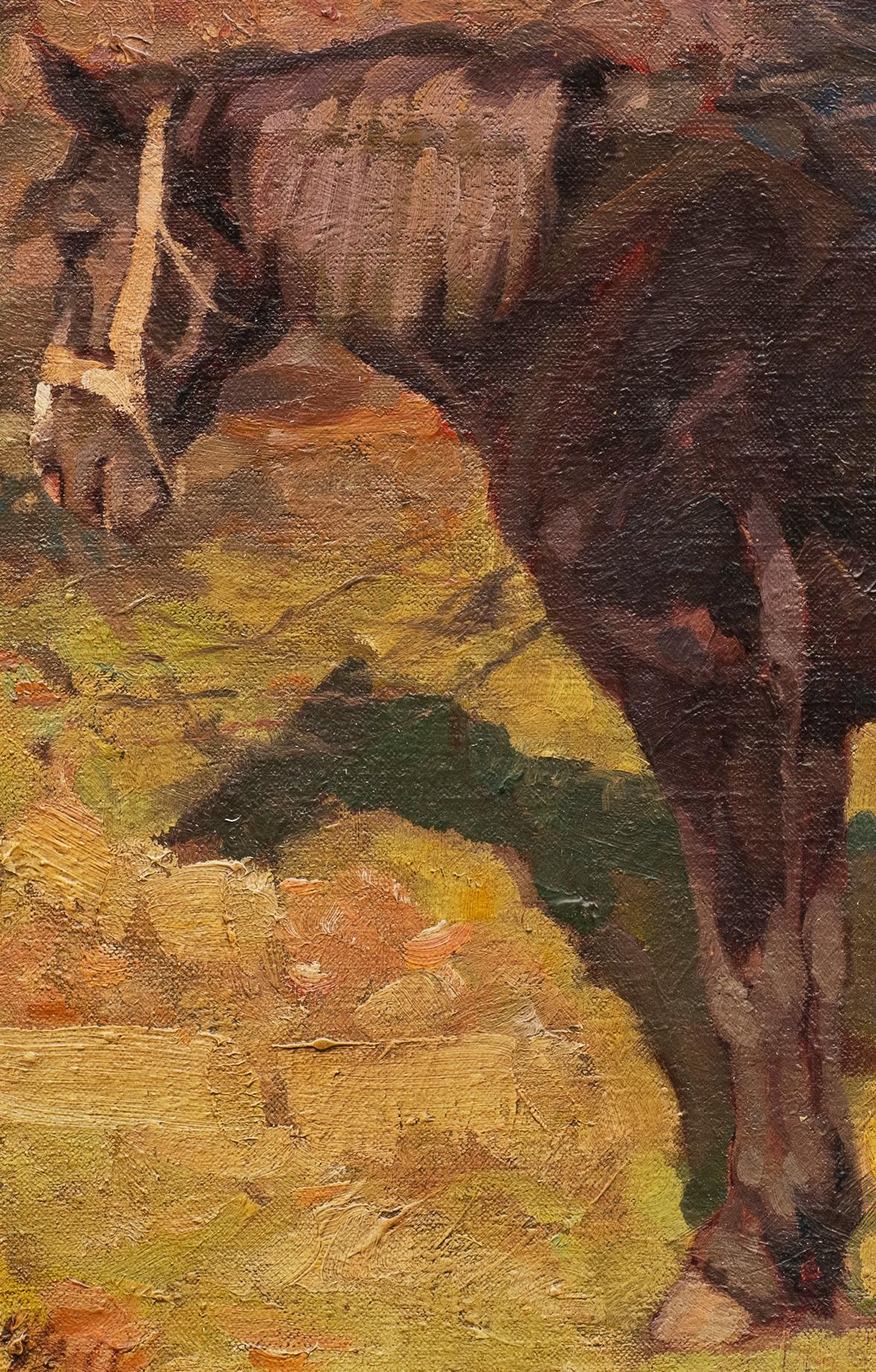 Antique Horse Painting
“Standing Horse in Pasture”
Georg Wolf (Germany 1882-1962)
Oil on canvas
Signed and dated 1911 lower left
19 1/2 x 23 1/2 (30 1/2 x 26 1/2 frame) inches

First notice the muzzle and how it's expressed. Wolf, with profound