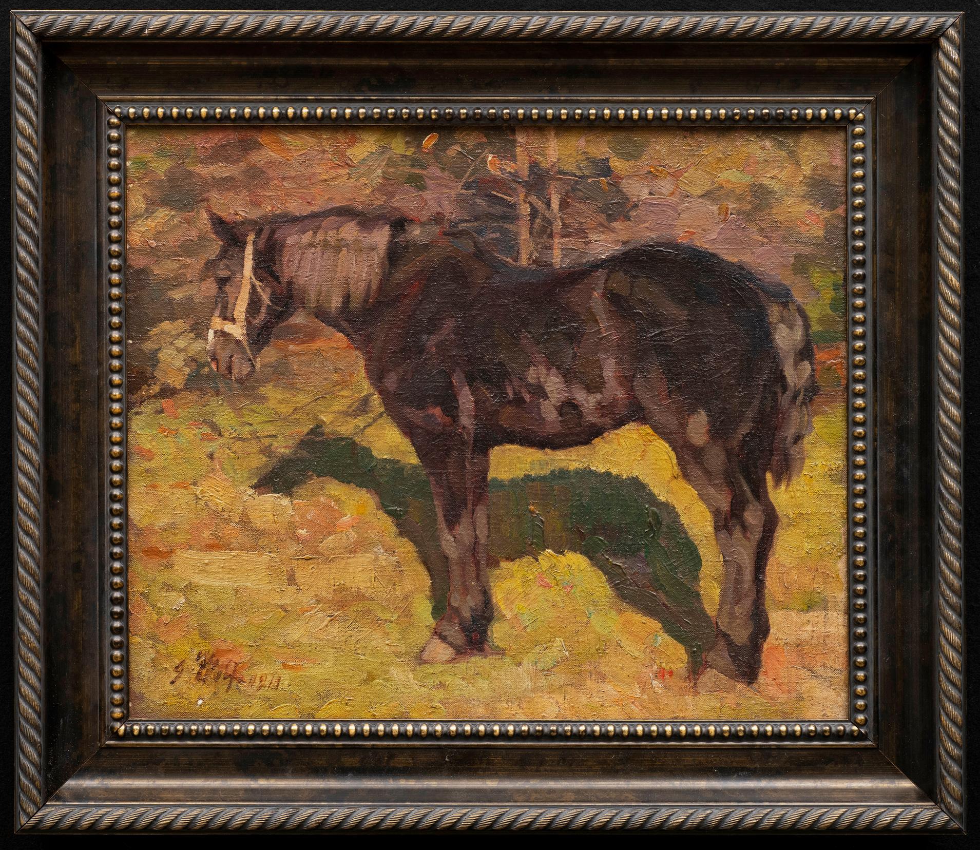 Georg Wolf Portrait Painting - Antique Horse Painting "Standing Horse in Pasture" dated 1911