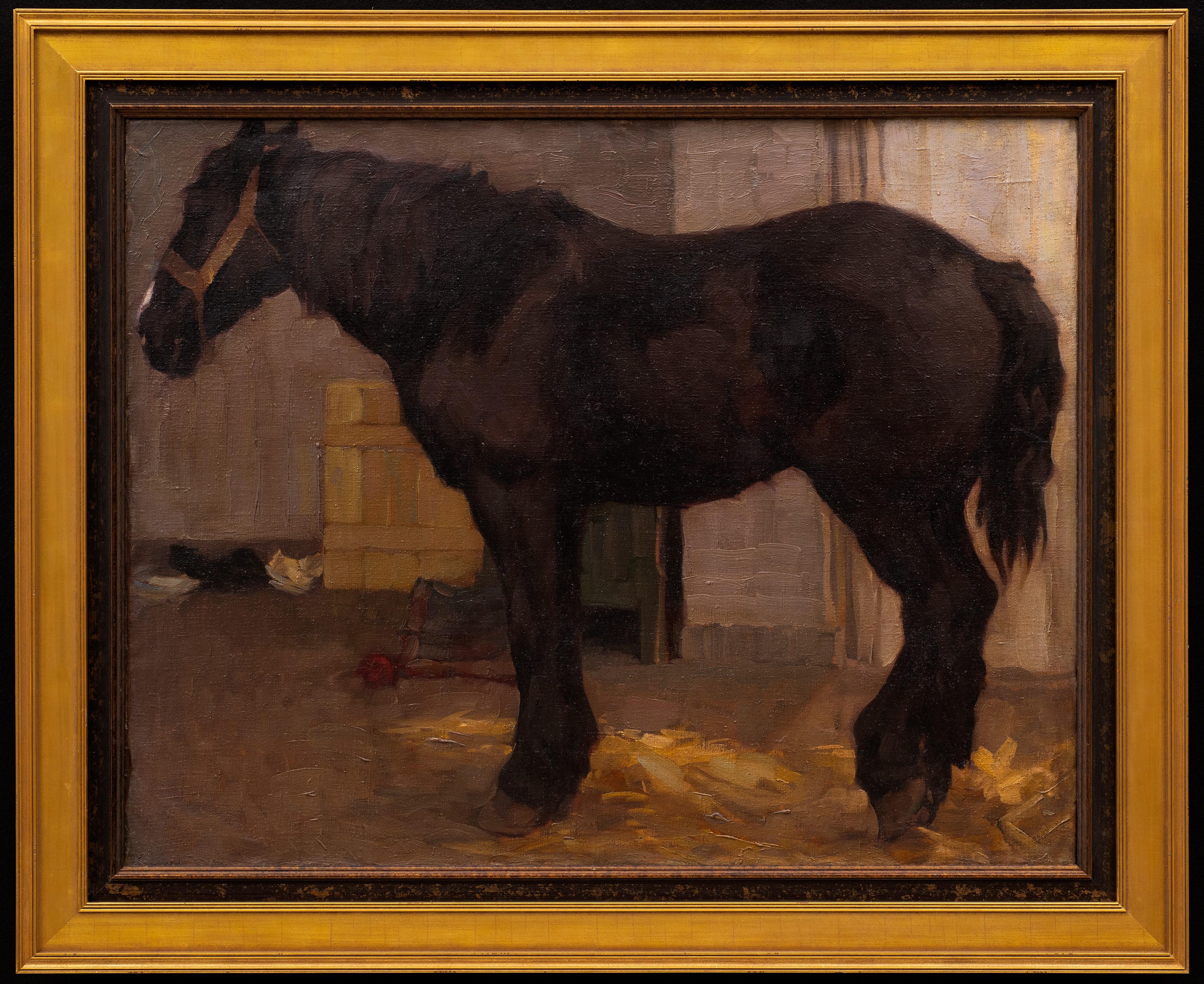 "Ein sehr großes Zugpferd steht im Stall"
Georg Wolf (Elsass/Deutschland 1882-1962)
Öl auf Leinwand
39 1/2 x 21 1/2 (50 1/4 x 42 1/4 Rahmen) Zoll
Nachlassstempel und Inventarnummer 178 auf der Rückseite des Rahmens. 

Diese sehr große Leinwand hebt