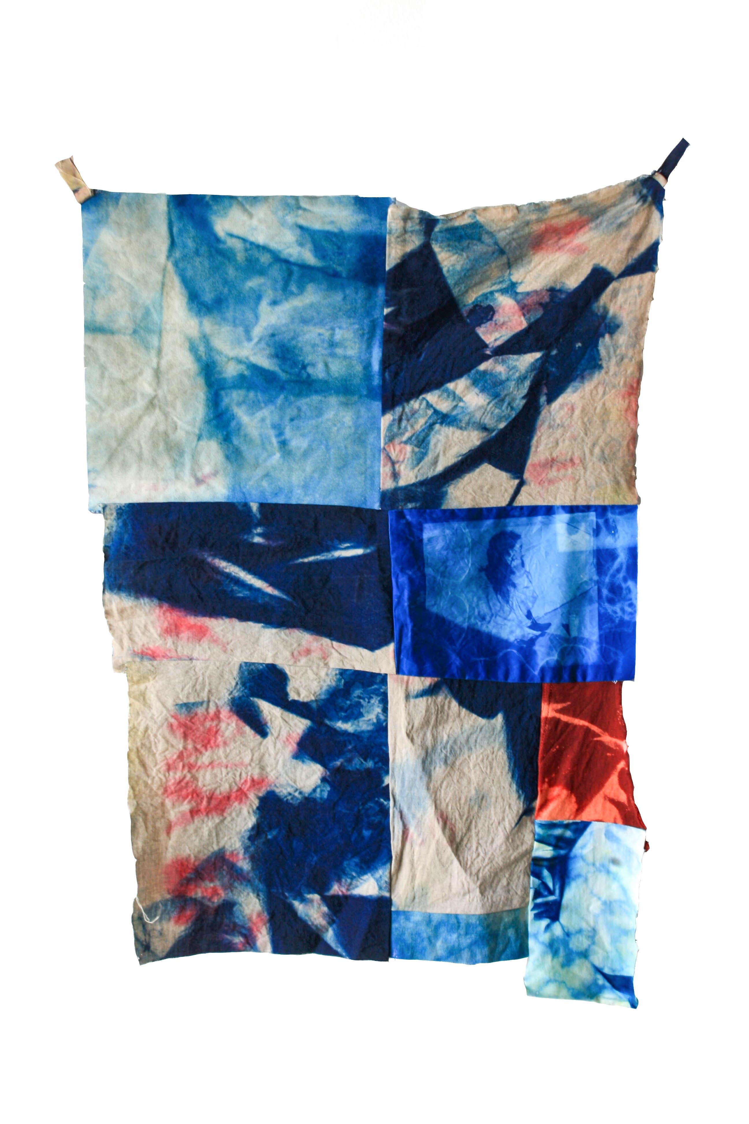 Current- Canvas, Dye, Fabric, Linen, Mixed Media, Abstract, Cyanotype, Blue, Red - Mixed Media Art by Georganna Greene