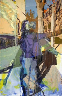 Crane- Oil Paint, Panel, Figurative, Cityscape, Abstract, Vibrant, Violet, Trees