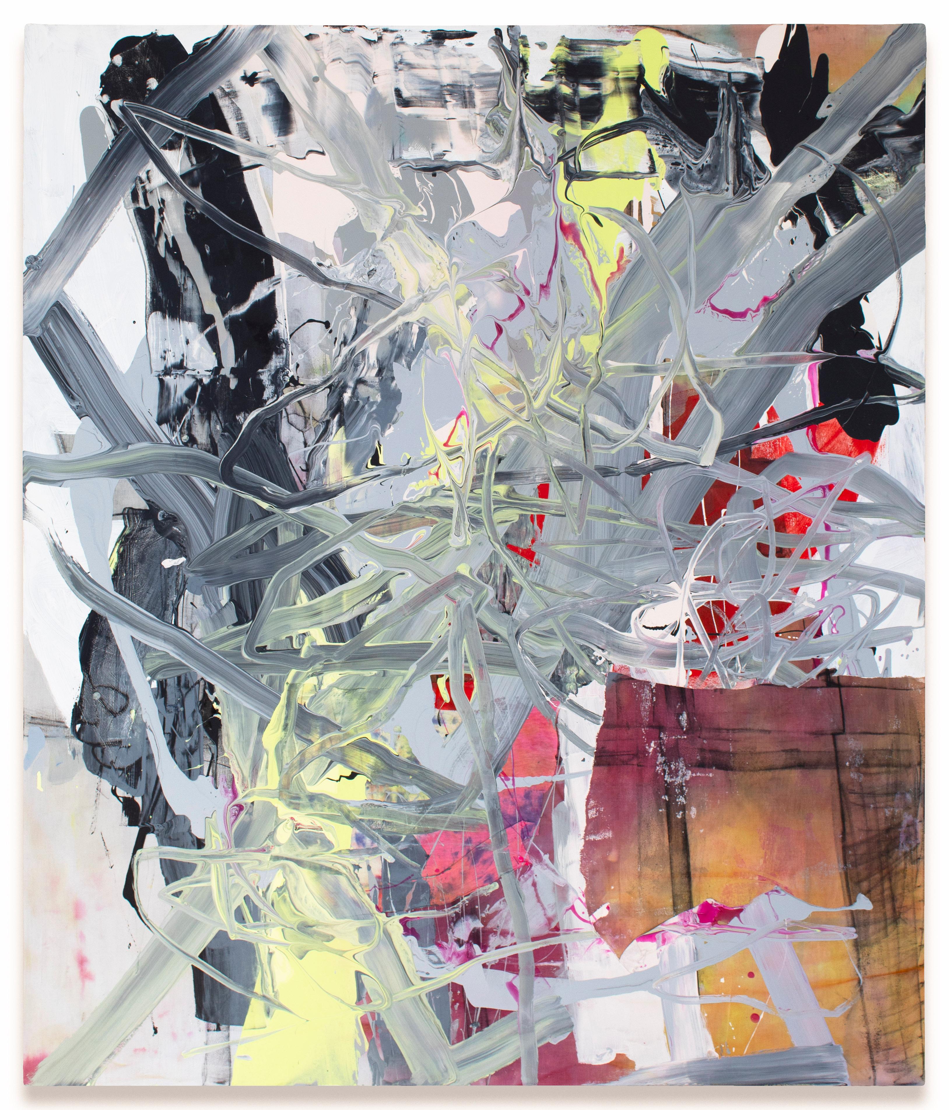 Georganna Greene Abstract Painting - Glow Root-Acrylic Paint, Charcoal, Dye, Fabric, Found Objects, Gray, Yellow, Red