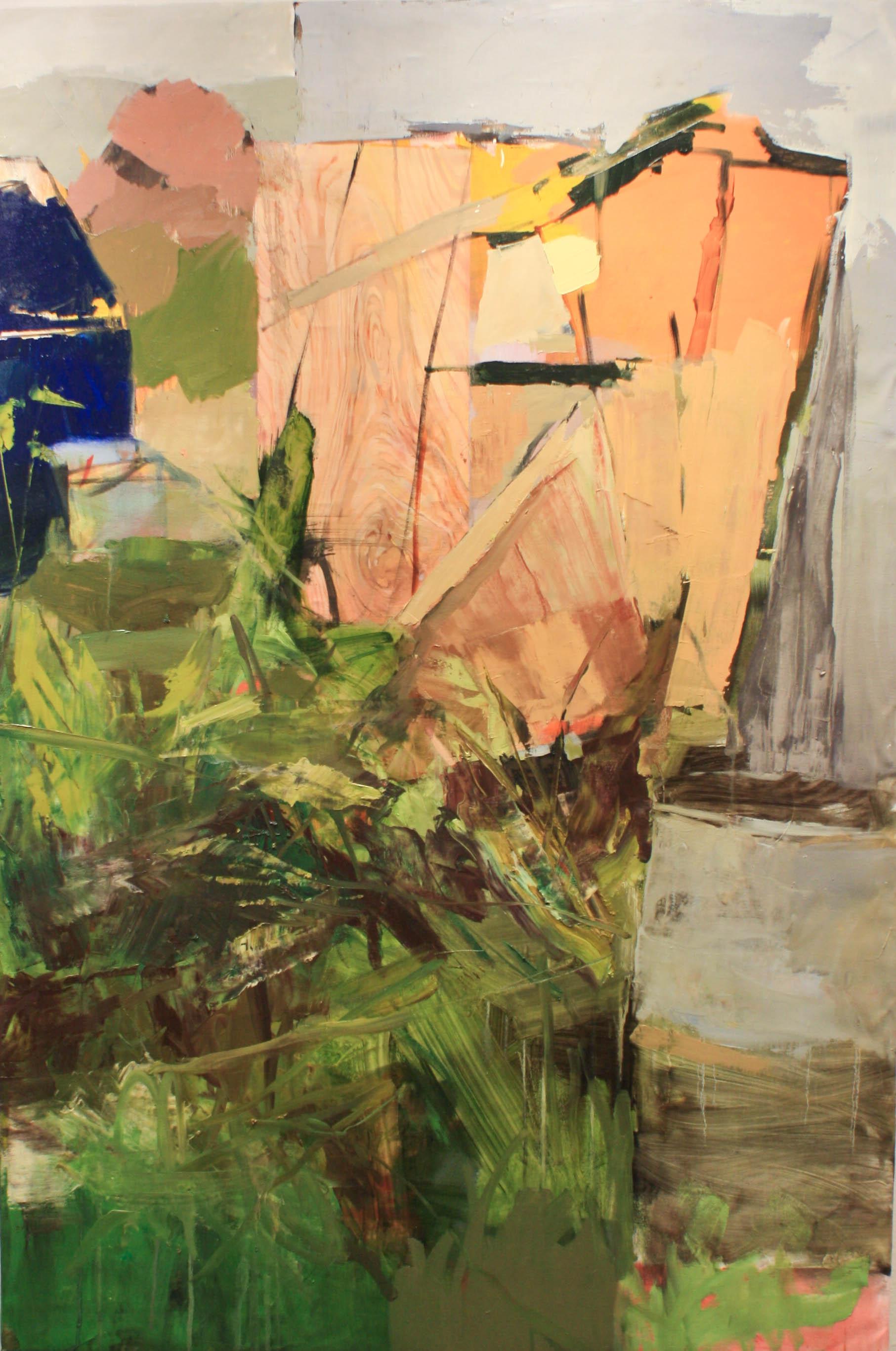Maine Overgrowth- Acrylic Paint, Canvas, Oil Paint, Yellow, Orange, Green, Blue - Painting by Georganna Greene