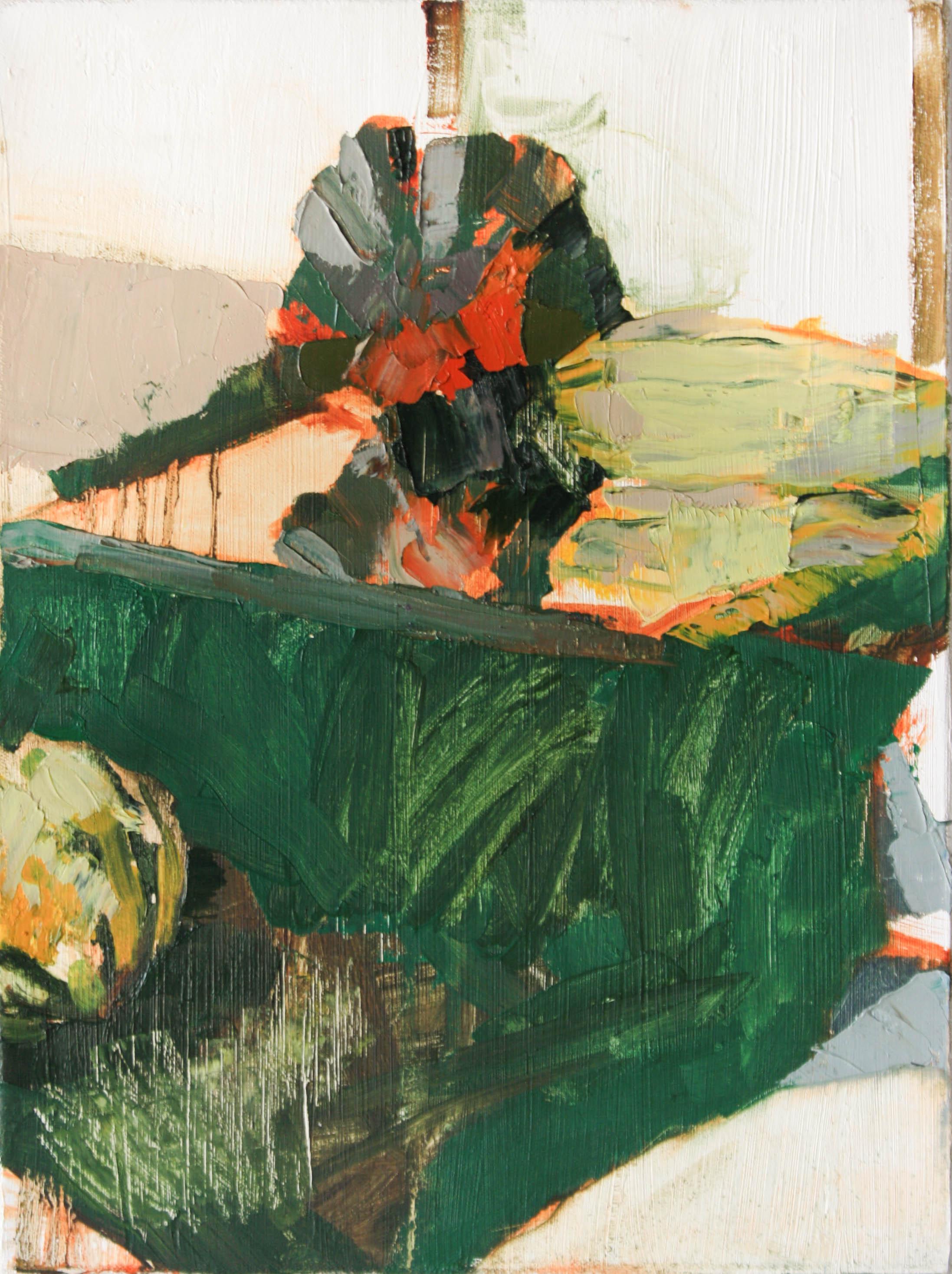 Studio Gourds- Oil Paint, Canvas, Green, Orange, Still Life, Gestural, Food - Painting by Georganna Greene