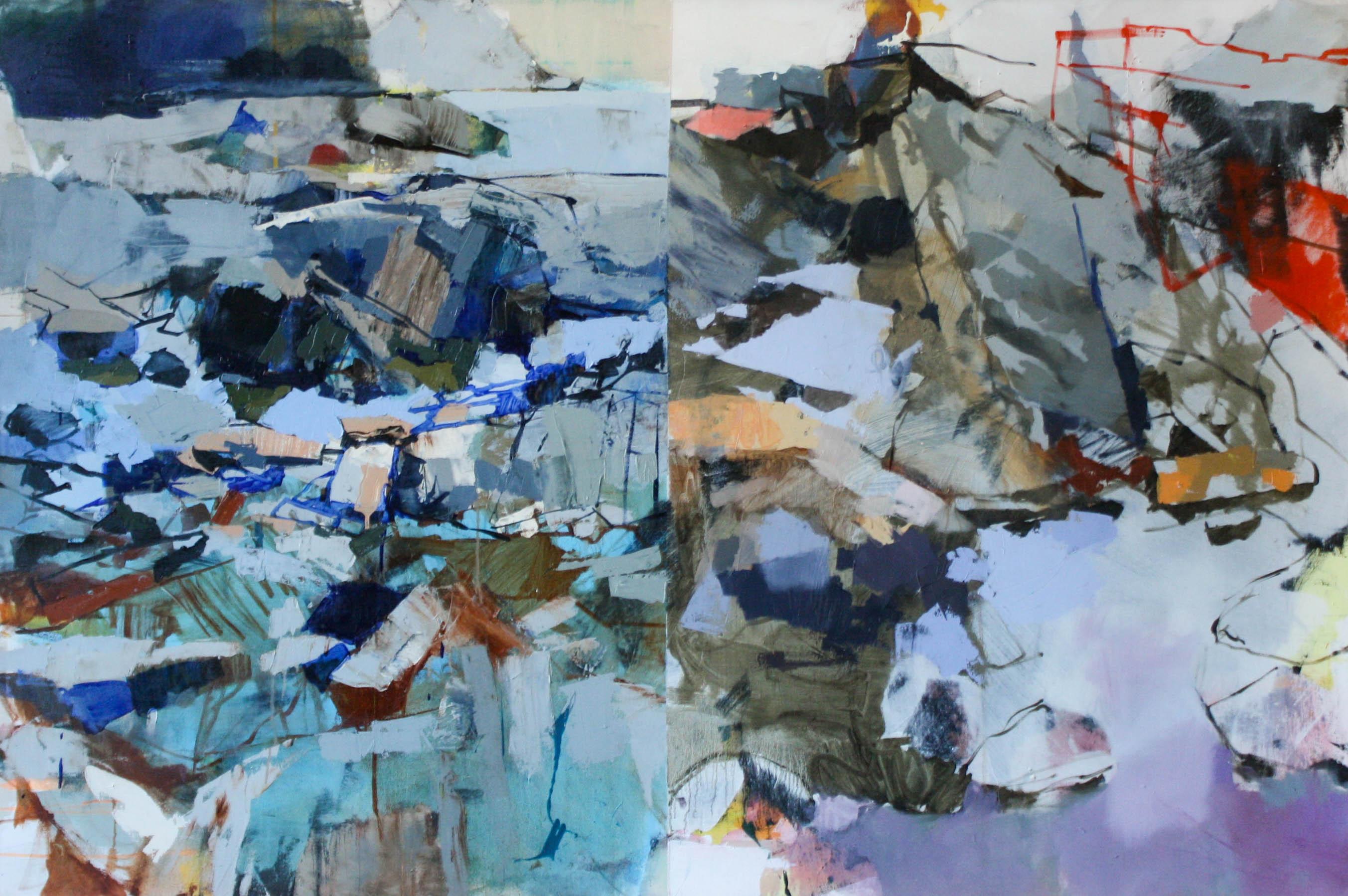 Two Views of Rockport- Acrylic Paint, Canvas, Landscape, Vibrant, Nature, Blue For Sale 2