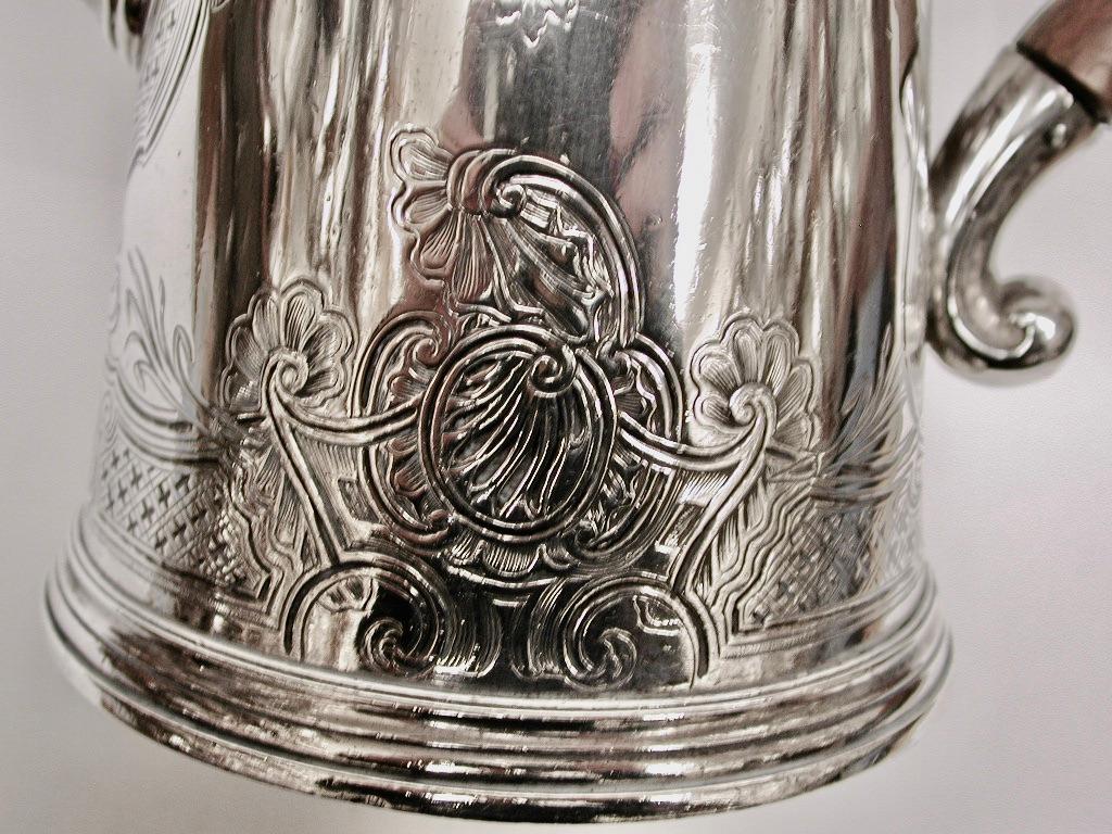 George II George 11 Silver Flat Chased Coffee Pot, Dated 1735, London, David Willaume 11 For Sale