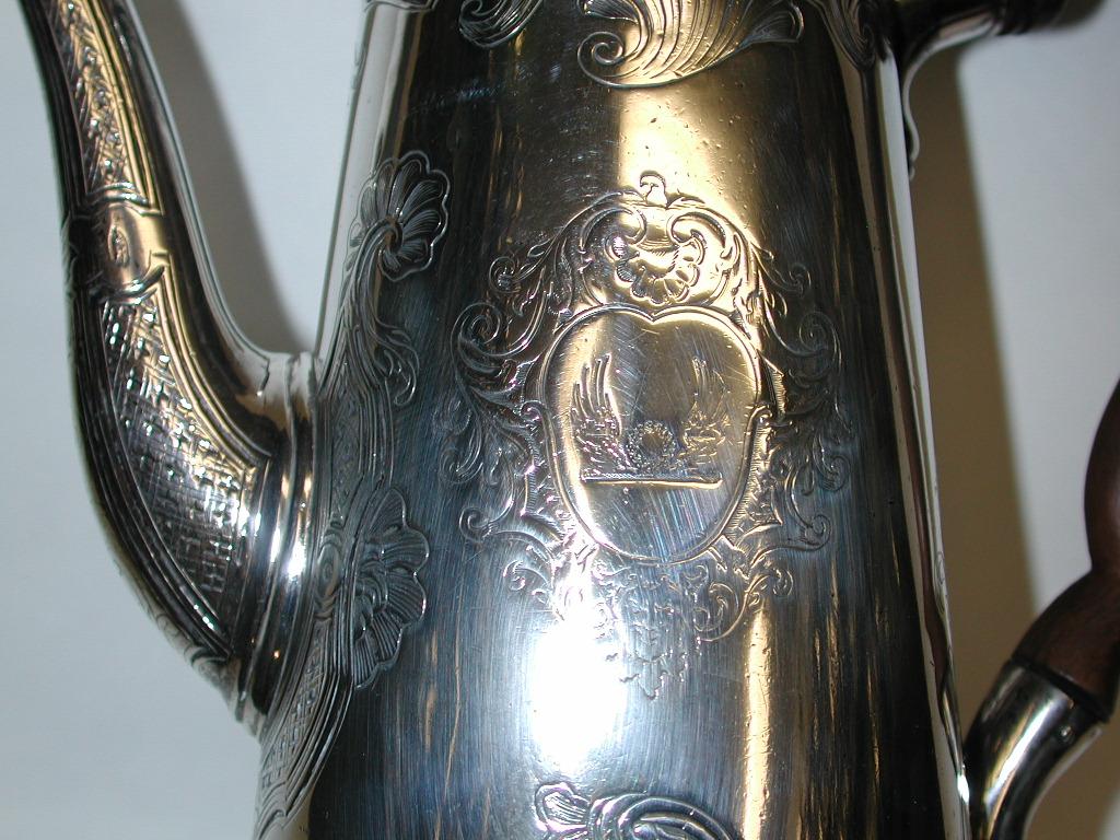 English George 11 Silver Flat Chased Coffee Pot, Dated 1735, London, David Willaume 11 For Sale