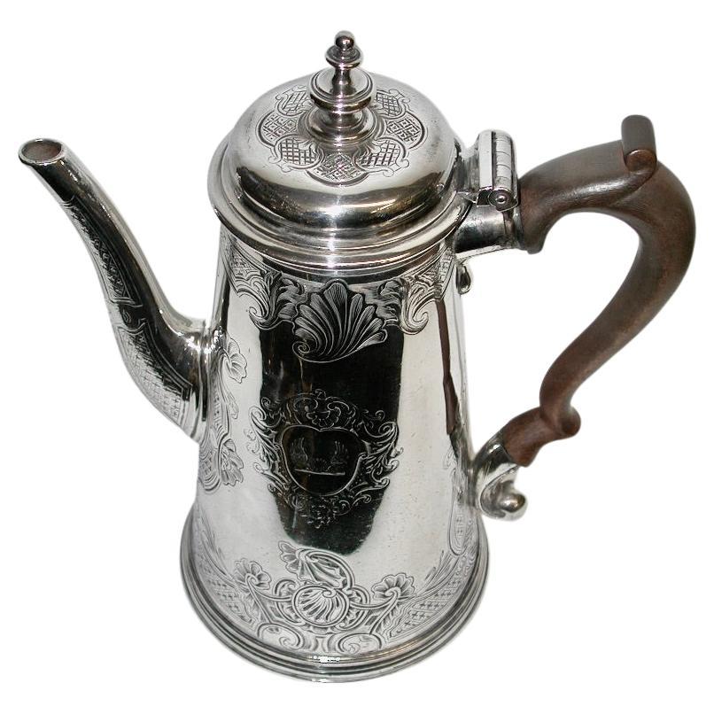George 11 Silver Flat Chased Coffee Pot, Dated 1735, London, David Willaume 11 For Sale