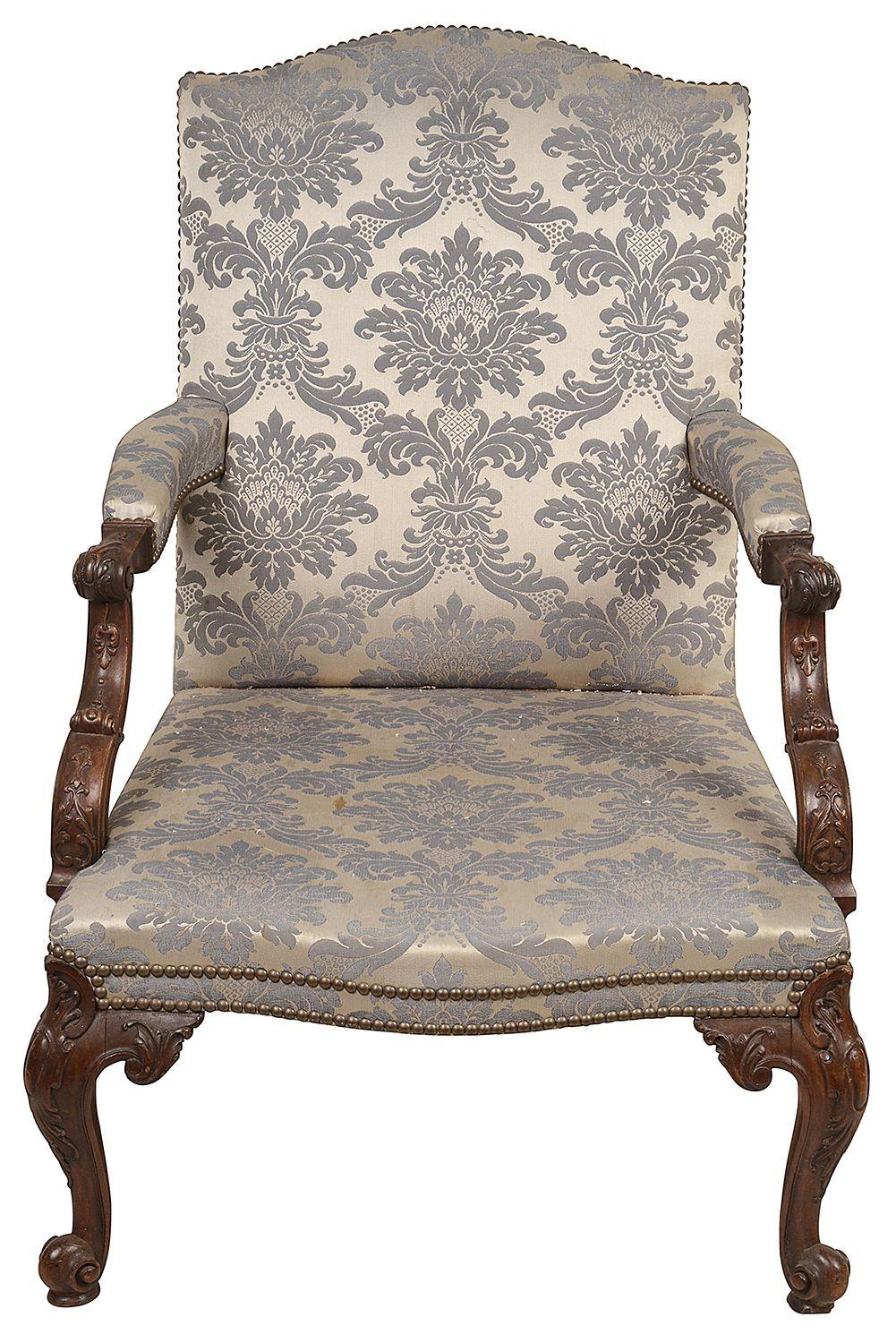 A very good quality 19th Century George 11 style Mahogany Gainsborough arm chair, having a saddle upholstered back, carved scrolling show wood to the arms, raised on wonderfully hand carved cabriole legs front and back.
Batch 67 61312 DNCKZ