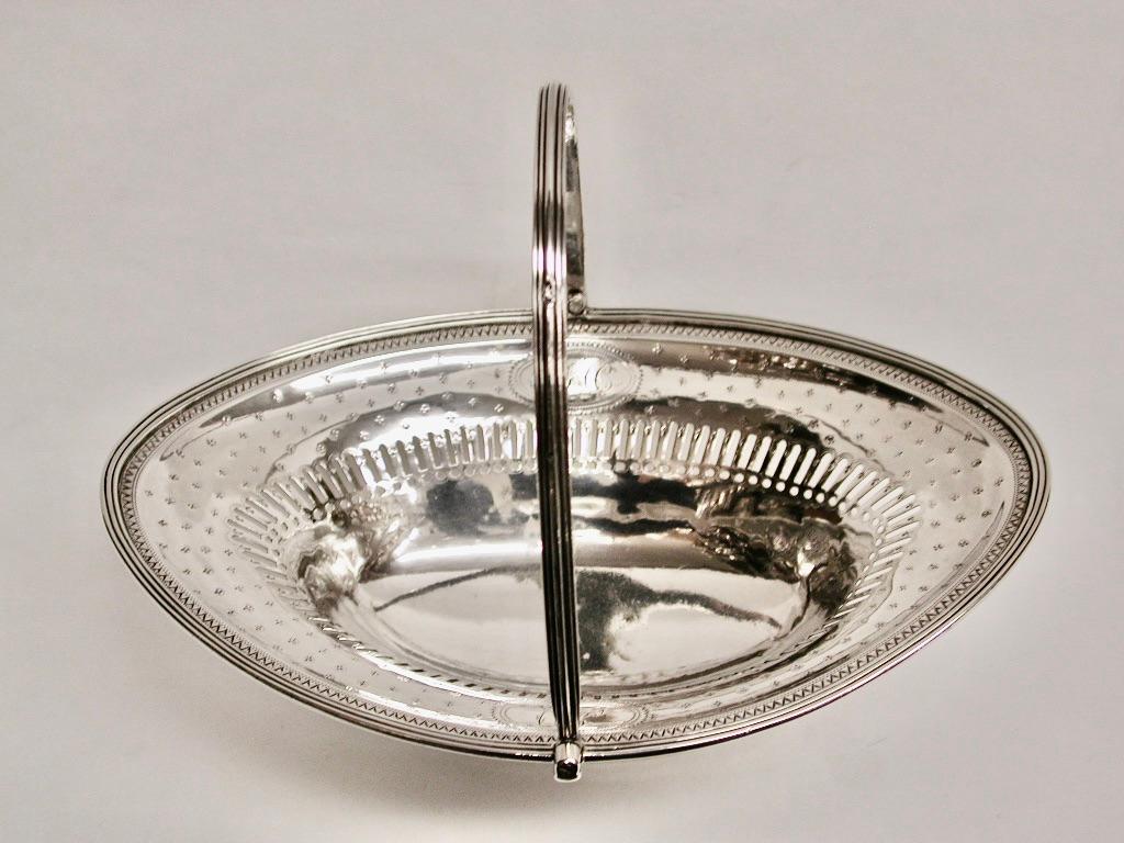 English George 111 Bright Cut Silver Sweet Basket, Henry Chawner, London Assay, 1789 For Sale