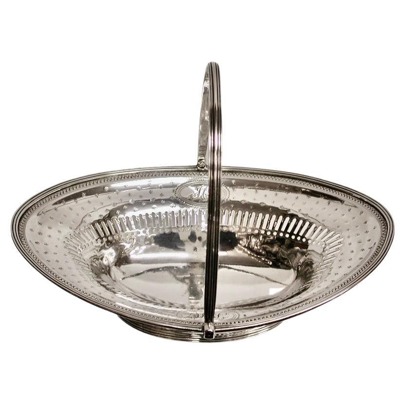 George 111 Bright Cut Silver Sweet Basket, Henry Chawner, London Assay, 1789 For Sale