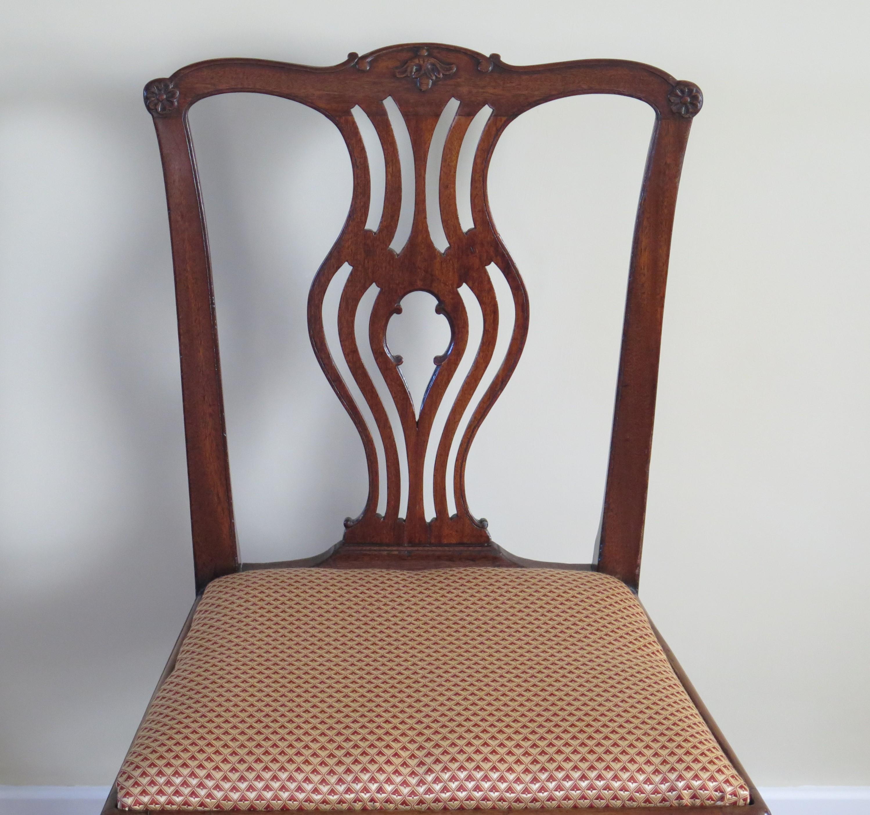 English George 111 Mahogany Chippendale Dining Chair Reupholstered, Circa 1760 For Sale