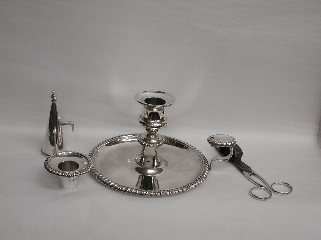 English George 111 Silver Chamberstick with Wick Trimmers and Extinguising Cone, 1812