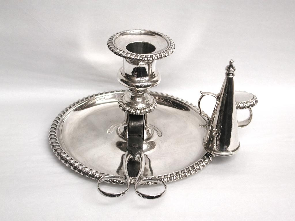 Early 19th Century George 111 Silver Chamberstick with Wick Trimmers and Extinguising Cone, 1812