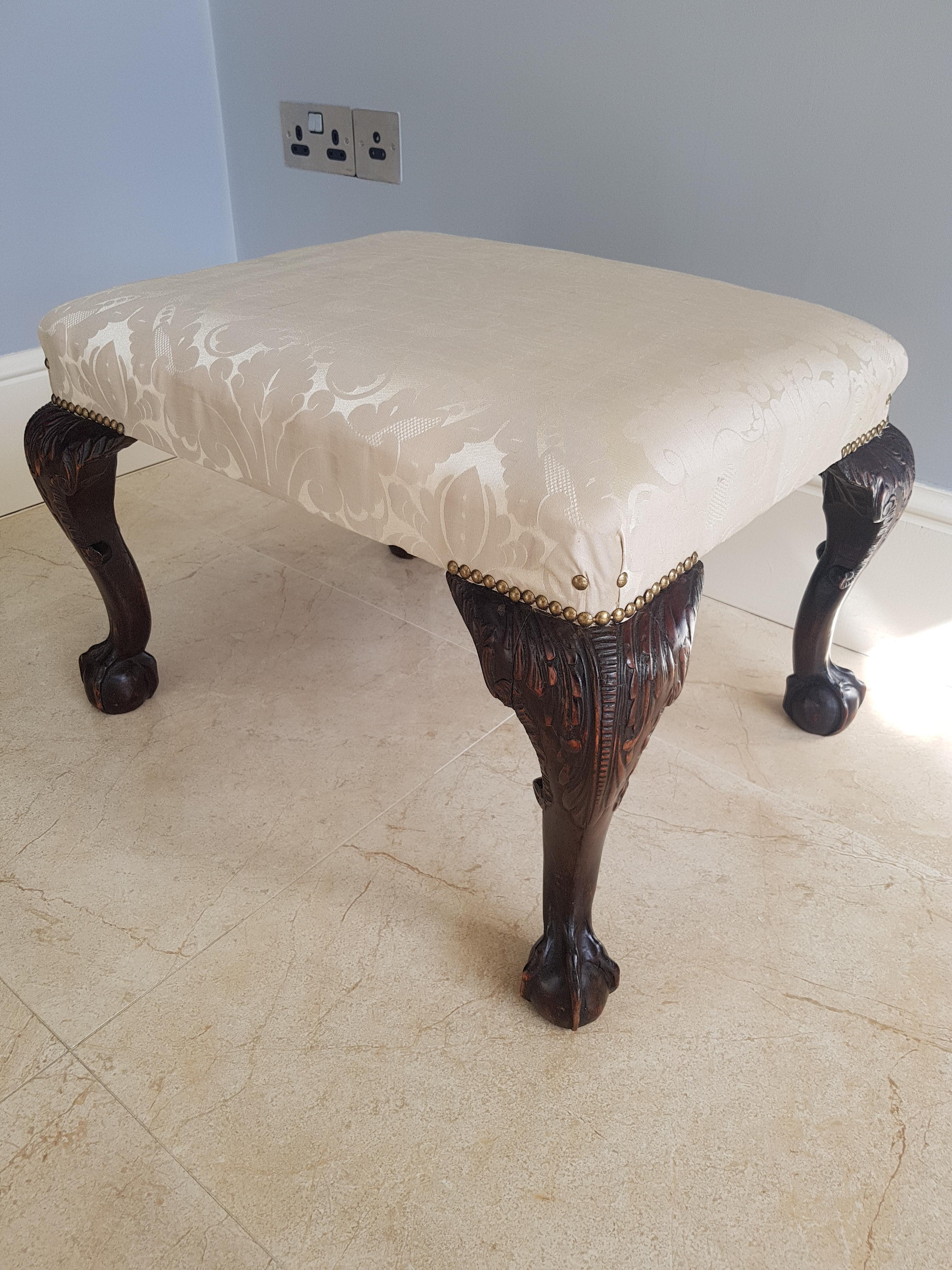 A fine George 111 style walnut stool with damask pattern upholstery, circa 1890.
