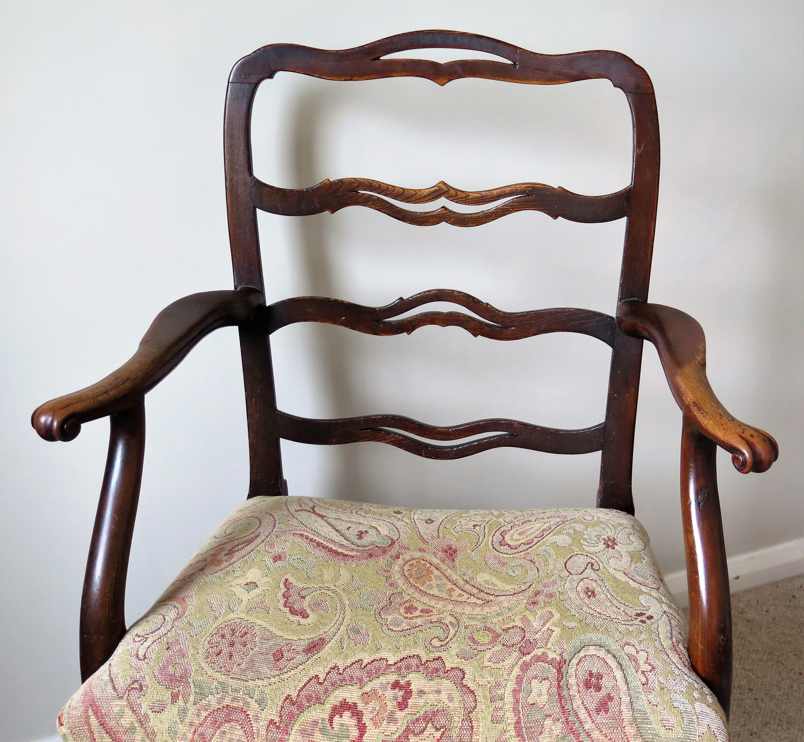 Fabric George 11nd Country Armchair Elm with Ribbon Back and Crook Arm, English Ca 1750