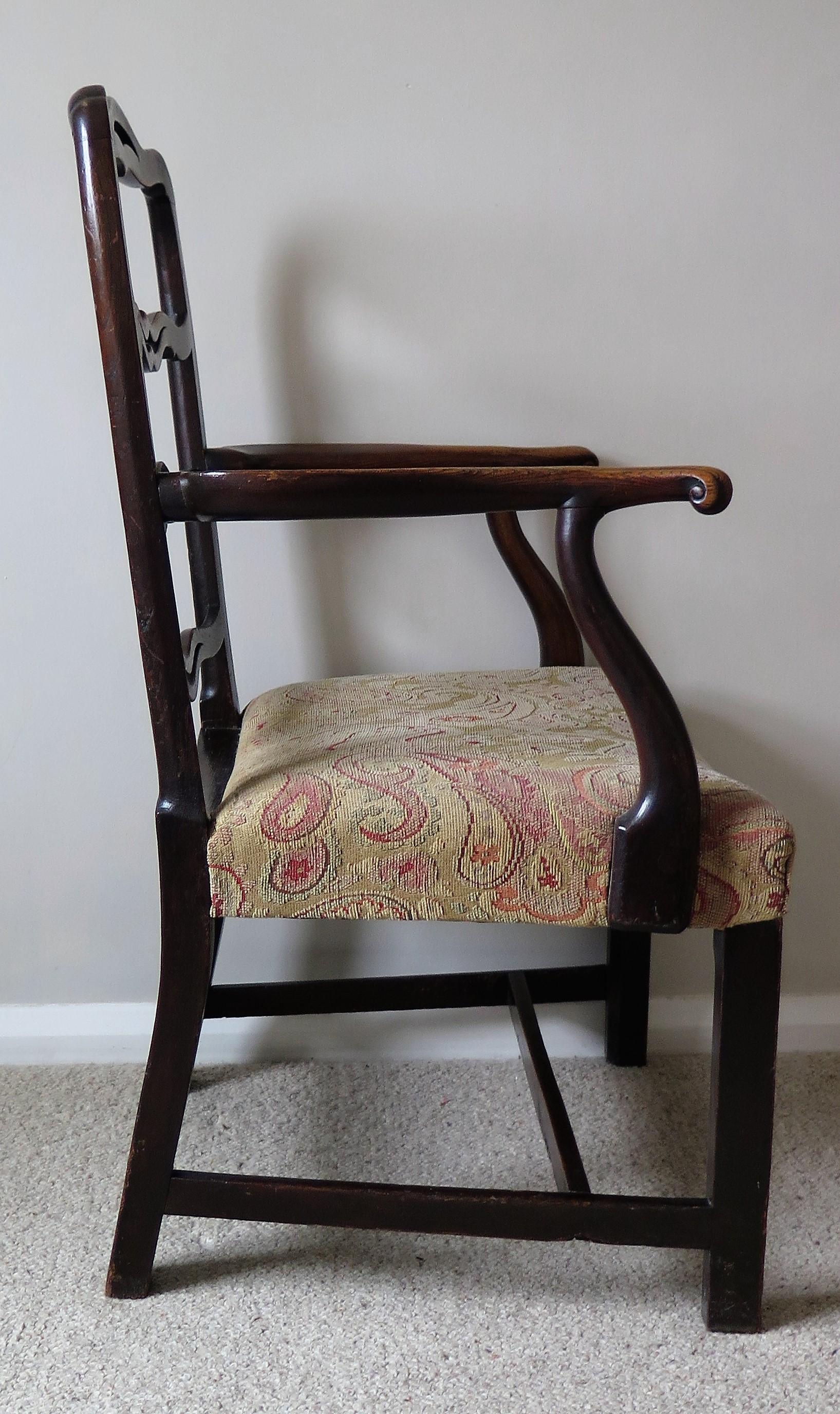 Hand-Crafted George 11nd Country Armchair Elm with Ribbon Back and Crook Arm, English Ca 1750