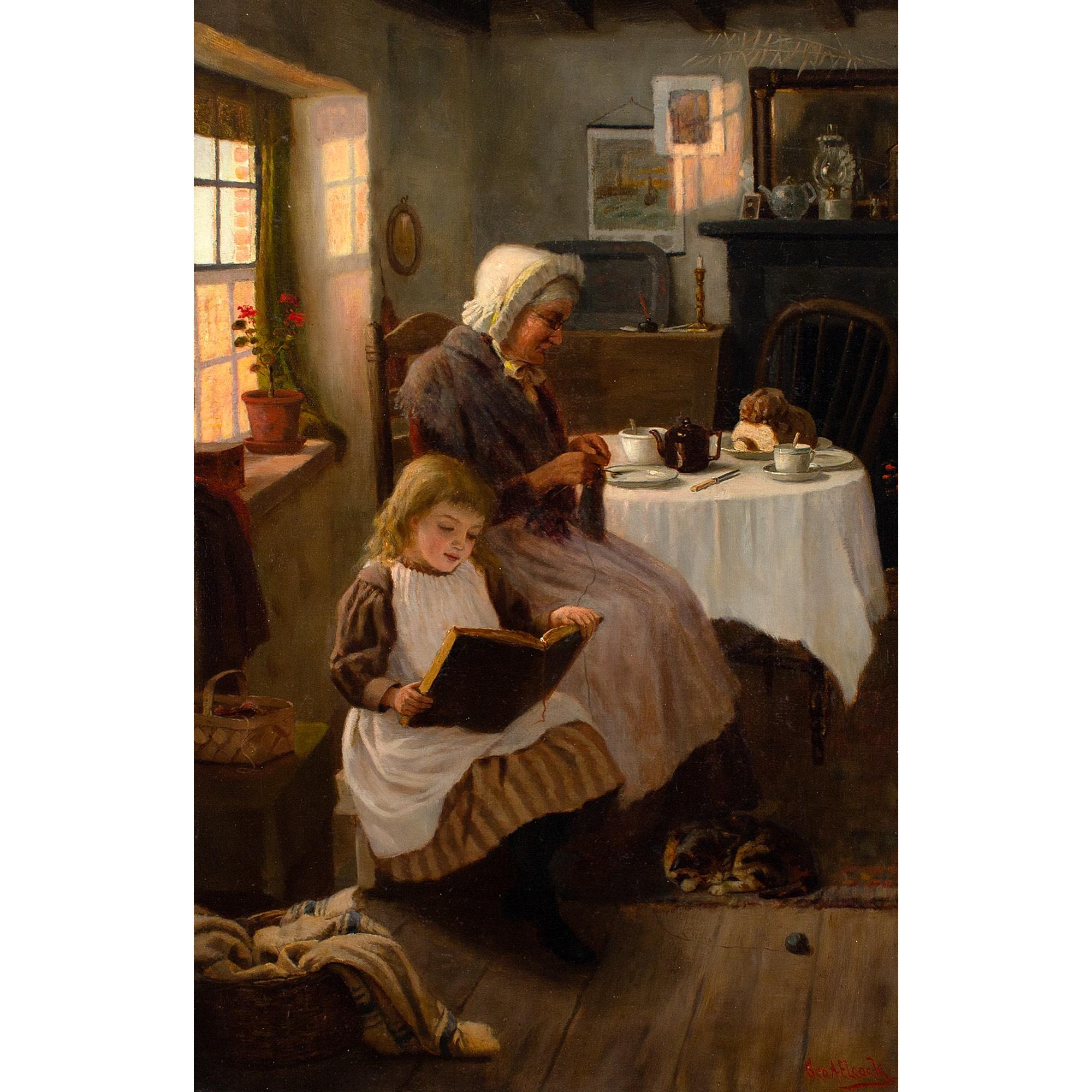 This fine late 19th-century oil painting by British artist George A Elcock (1856-1946) depicts a gentle interior scene with a young girl reading to her grandmother.

One gets the impression that this is a regular occurrence within the walls of this