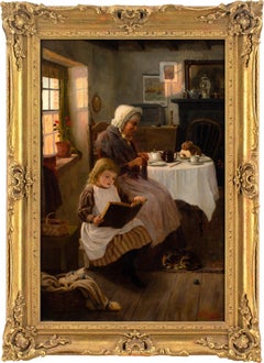 Antique George A Elcock, Reading For Grandma, Oil Painting