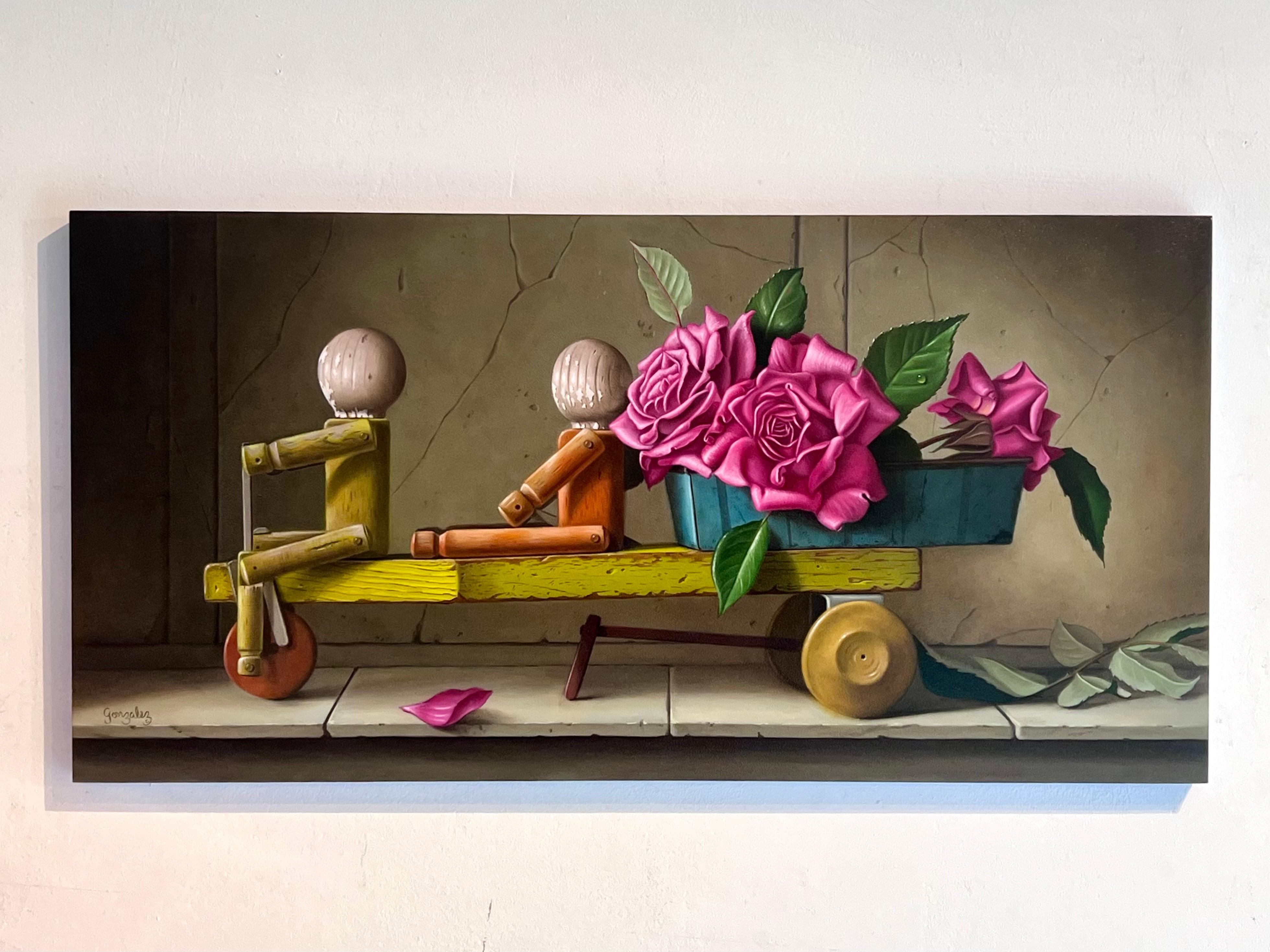 Flower Cart - original contemporary art, realistic oil painting, modern artwork - Painting by George A. Gonzalez