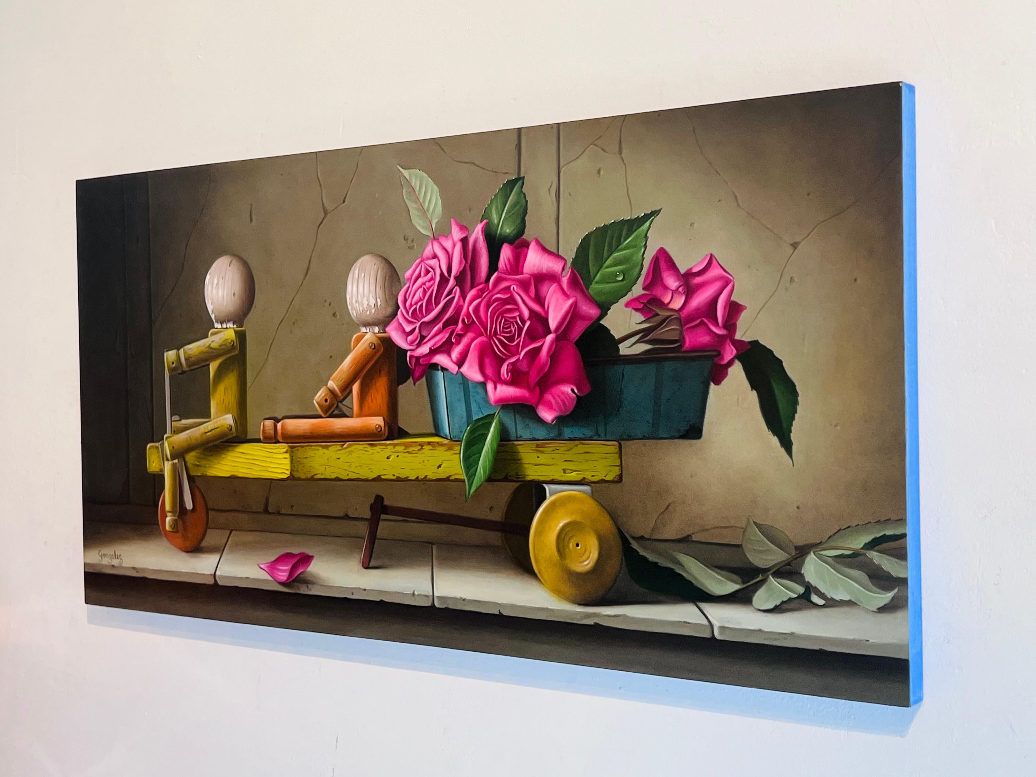 Flower Cart-original realismus stillleben-malerei-spielzeug-blumen-zeitgenössische kunst (Abstrakter Impressionismus), Painting, von George A. Gonzalez