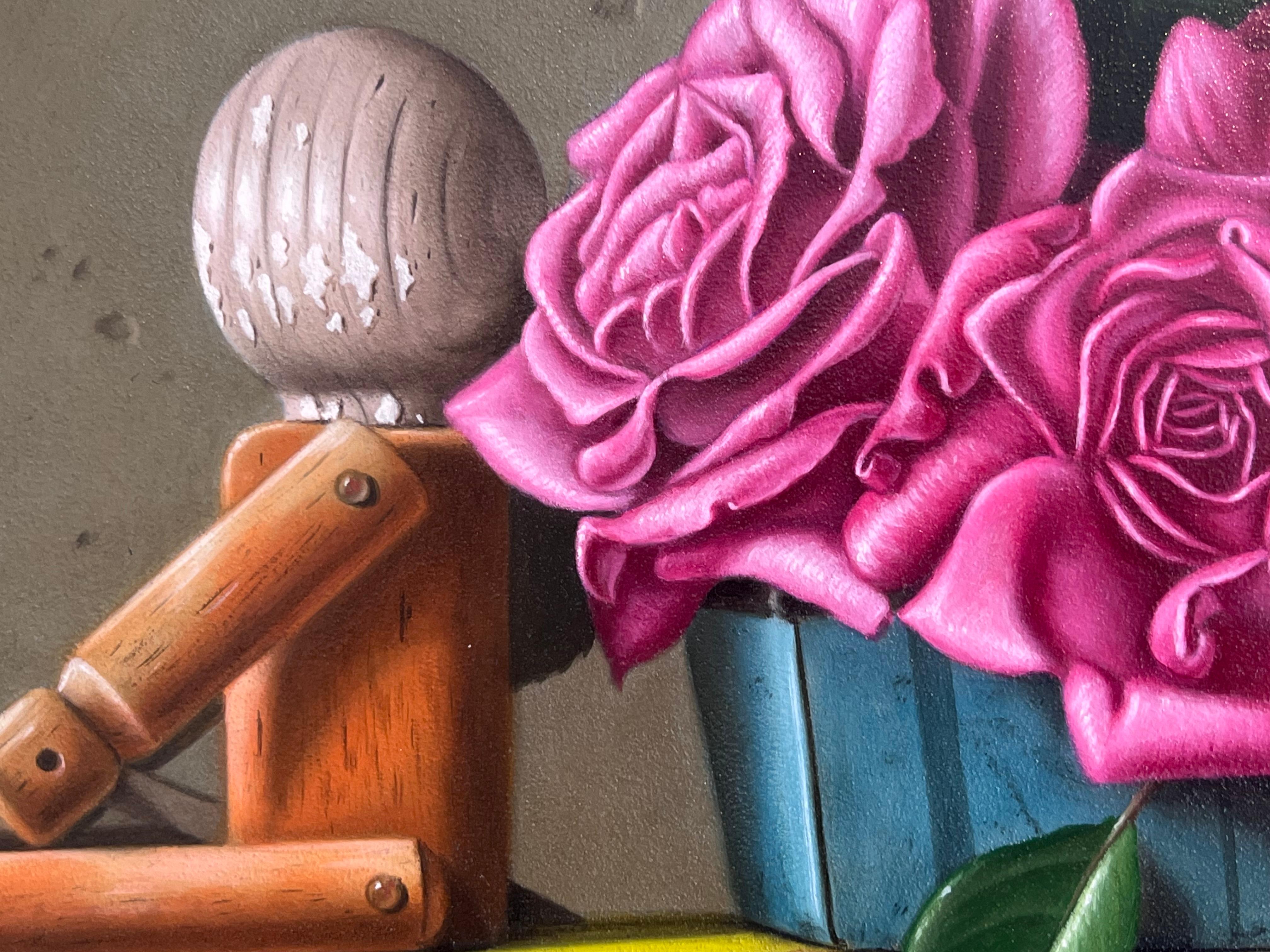 Flower Cart-original realismus stillleben-malerei-spielzeug-blumen-zeitgenössische kunst (Schwarz), Landscape Painting, von George A. Gonzalez