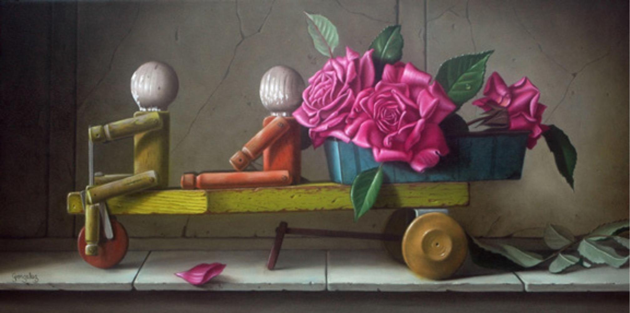 George A. Gonzalez Landscape Painting – Flower Cart-original realismus stillleben-malerei-spielzeug-blumen-zeitgenössische kunst
