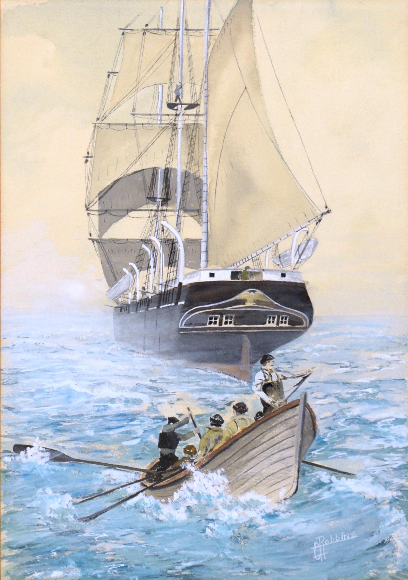 Rowing to Shore - Nautical Seascape in Gouache on Paper - Painting by George A. Robbins