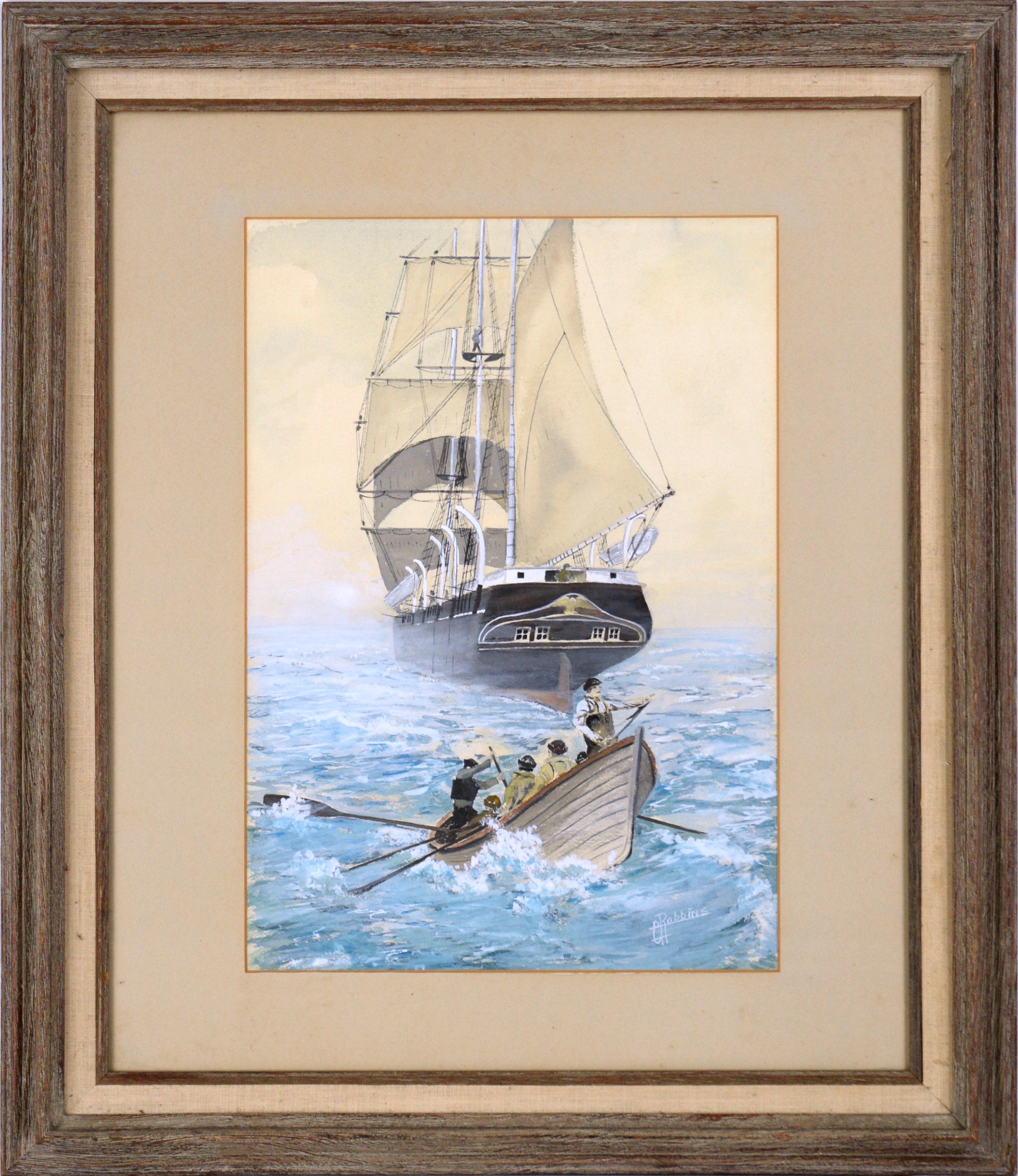 George A. Robbins Figurative Painting - Rowing to Shore - Nautical Seascape in Gouache on Paper