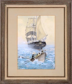Vintage Rowing to Shore - Nautical Seascape in Gouache on Paper
