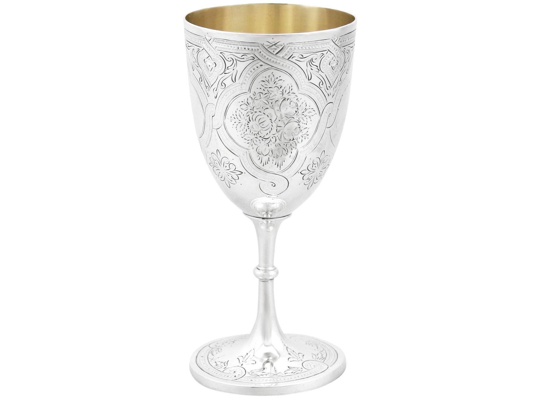 An exceptional, fine and impressive antique Victorian English sterling silver goblet made by George Adams; an addition to our collection of wine and drinks related silverware

This exceptional antique sterling silver goblet has a circular bell
