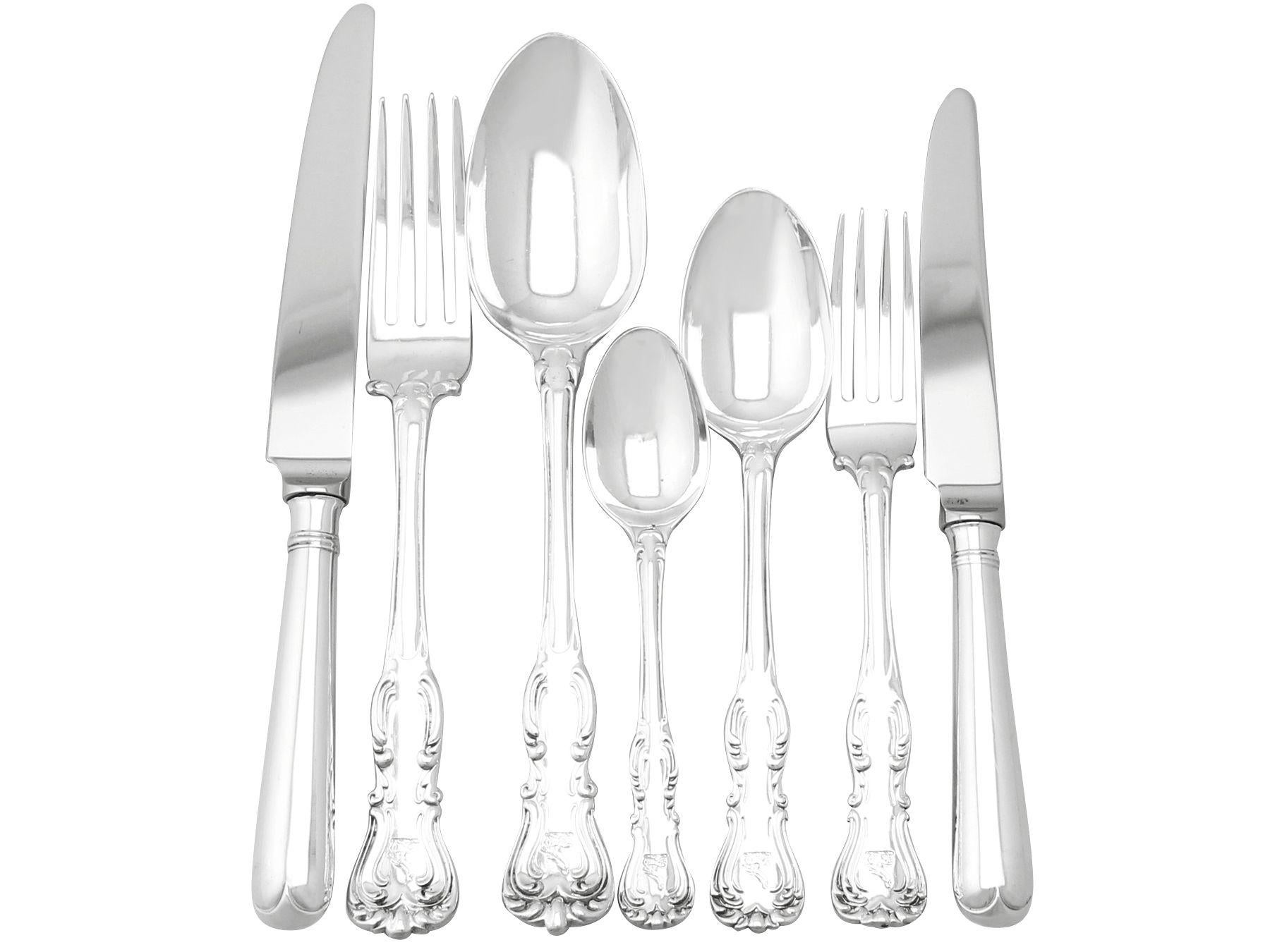 A magnificent, fine and impressive antique Victorian English sterling silver straight Devonshire pattern flatware service for twelve persons made by George Adams; an addition to our canteen of cutlery collection.

The pieces of this magnificent,