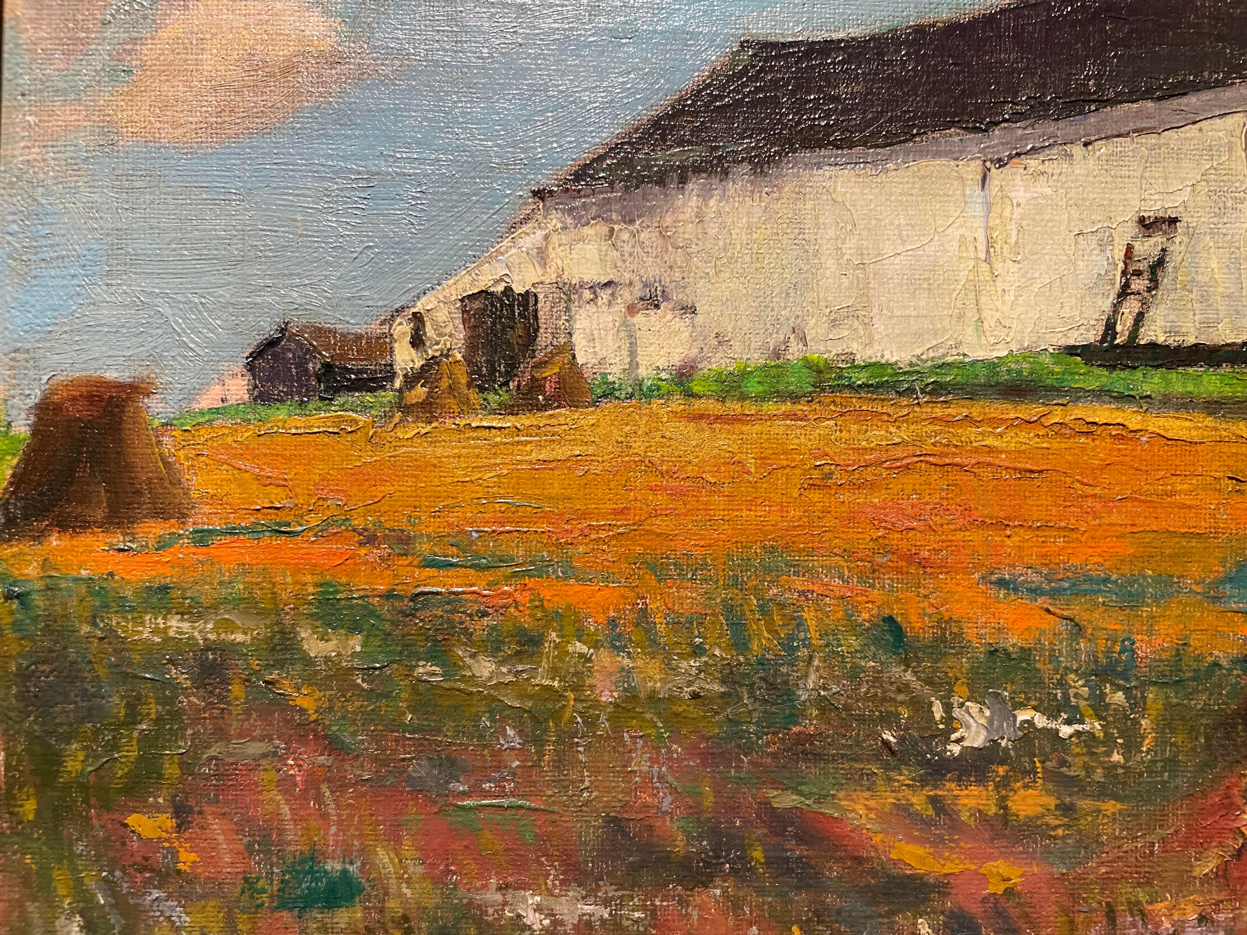 20e siècle Paysage d'une grange avec meules de foin, Cleveland School Artist en vente 9