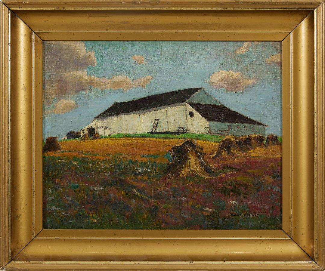 20e siècle Paysage d'une grange avec meules de foin, Cleveland School Artist - Painting de George G. Adomeit