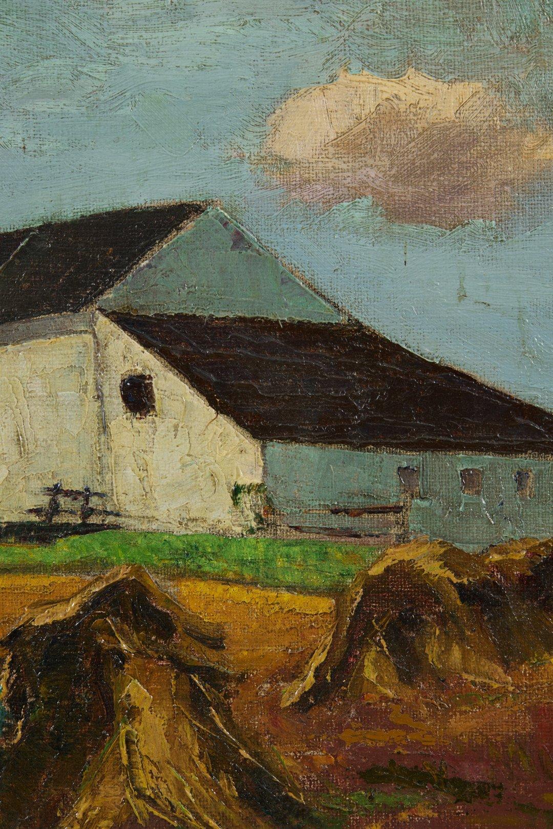 20e siècle Paysage d'une grange avec meules de foin, Cleveland School Artist - Modernisme américain Painting par George G. Adomeit