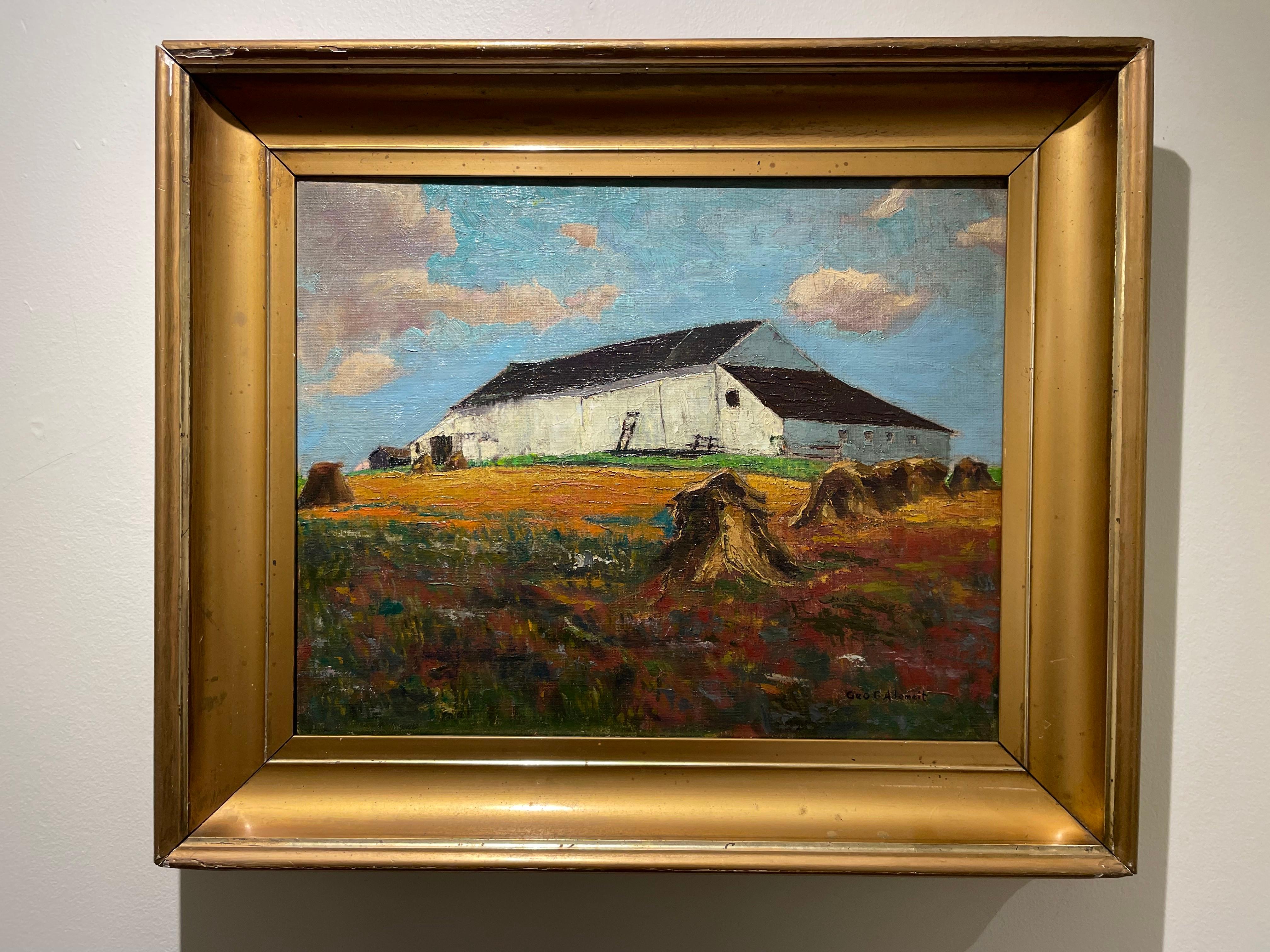 20e siècle Paysage d'une grange avec meules de foin, Cleveland School Artist en vente 2
