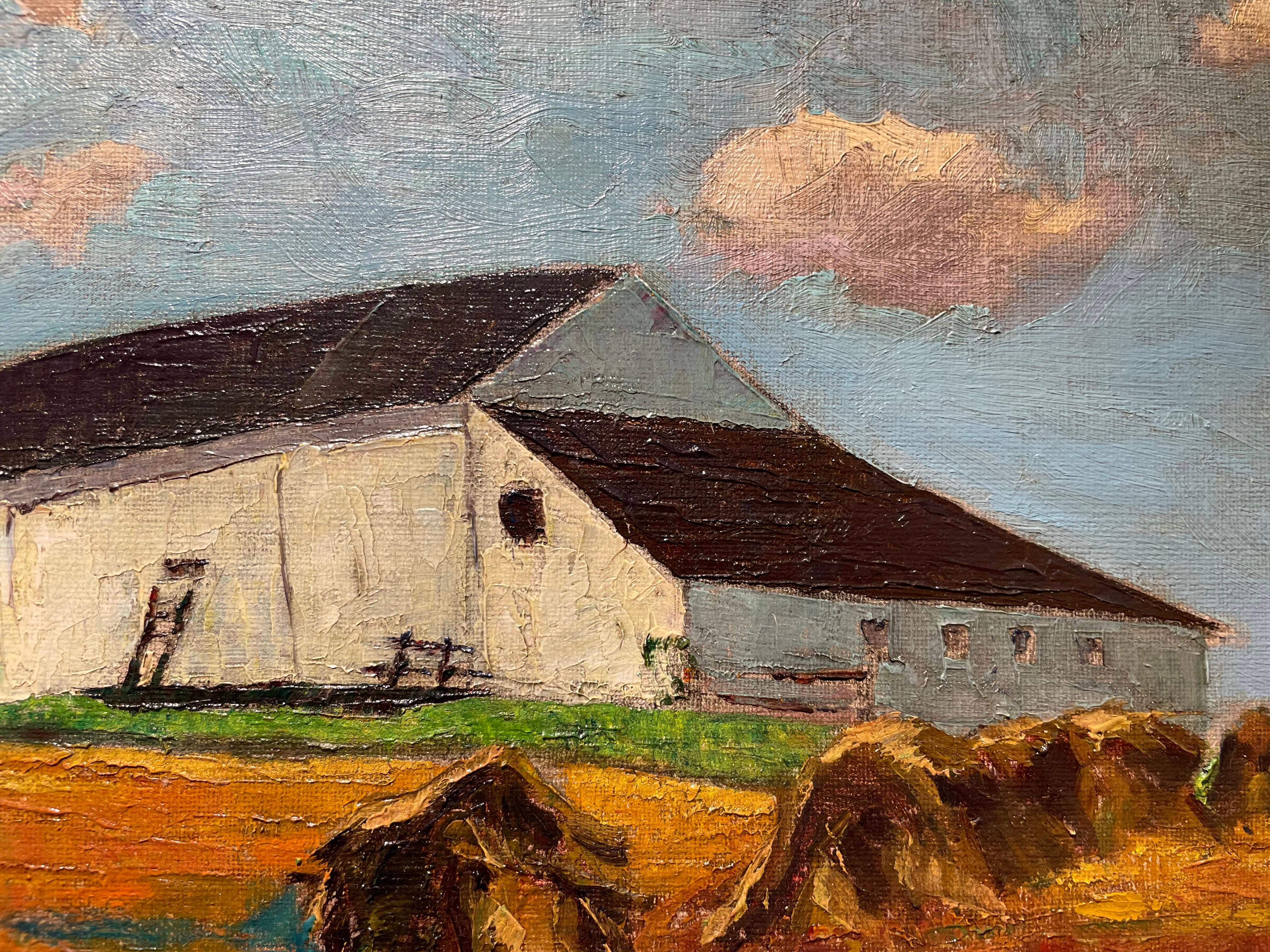 20e siècle Paysage d'une grange avec meules de foin, Cleveland School Artist en vente 4