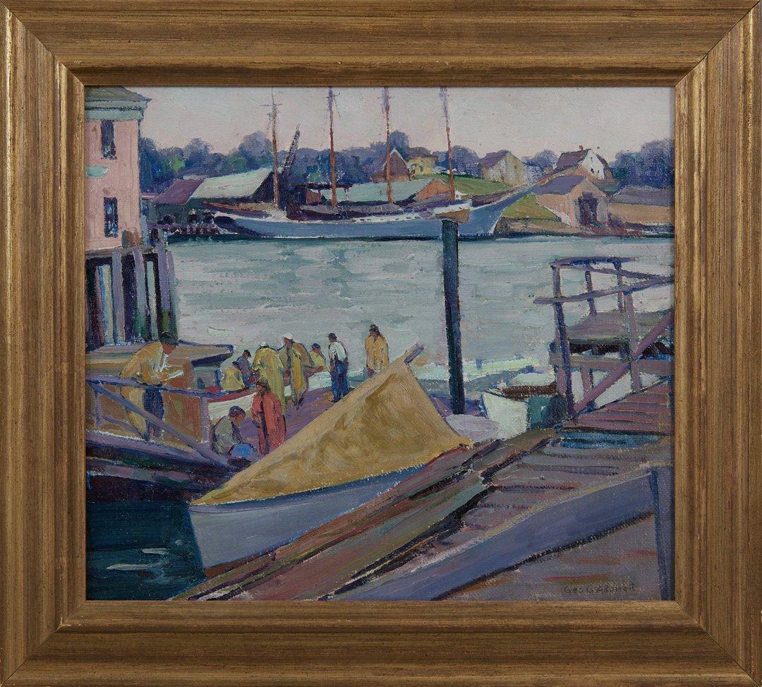 Boothbay Hafen, Maine Dock Seascape, frühes 20. Jahrhundert, Cleveland School – Painting von George G. Adomeit