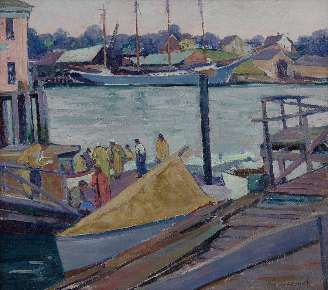 George G. Adomeit Figurative Painting - Boothbay Harbor, Maine Dock Seascape, Early 20th Century, Cleveland School