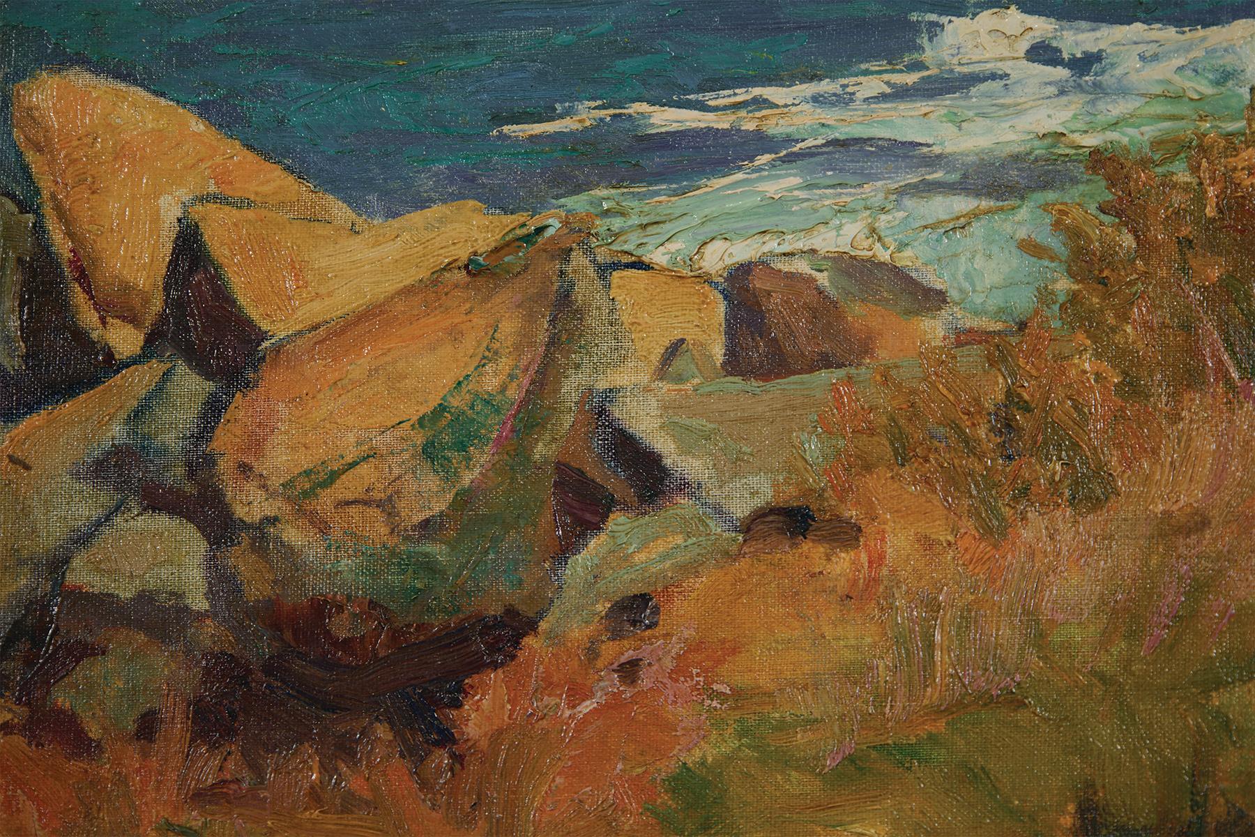 George Gustav Adomeit (Amerikaner, 1879-1967)
Cape Ann Küste, 1922
Öl auf Leinwand
Signiert unten links
20 x 24 Zoll
20,5 x 24,5 Zoll, gerahmt

George Adomeit, ein bedeutender Maler amerikanischer Szenen, wurde in Memel, Deutschland, geboren und kam