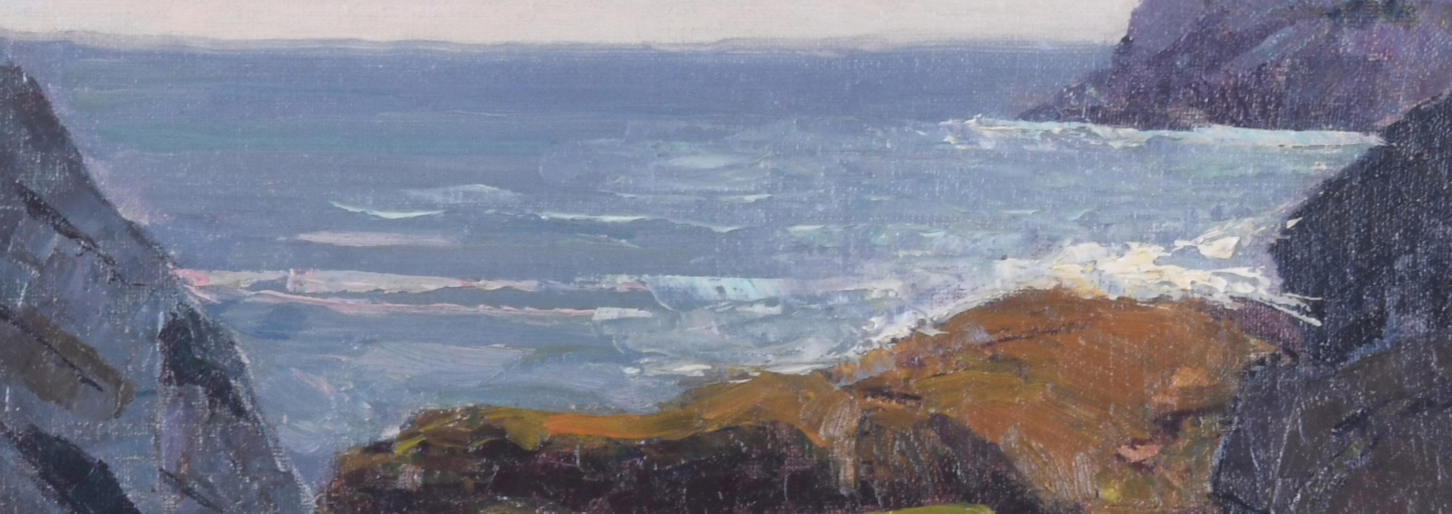 Rocky Inlet, Monhegan, Maine
Öl auf Leinwand, auf Phenolharz aufgezogen, um 1940
Vorzeichenlos
Rückseitig mit dem Nachlassstempel signiert (siehe Foto)
Zustand: Ausgezeichnet, kürzlich von meinem Restaurator gereinigt
Hinweis: Das Gemälde ist