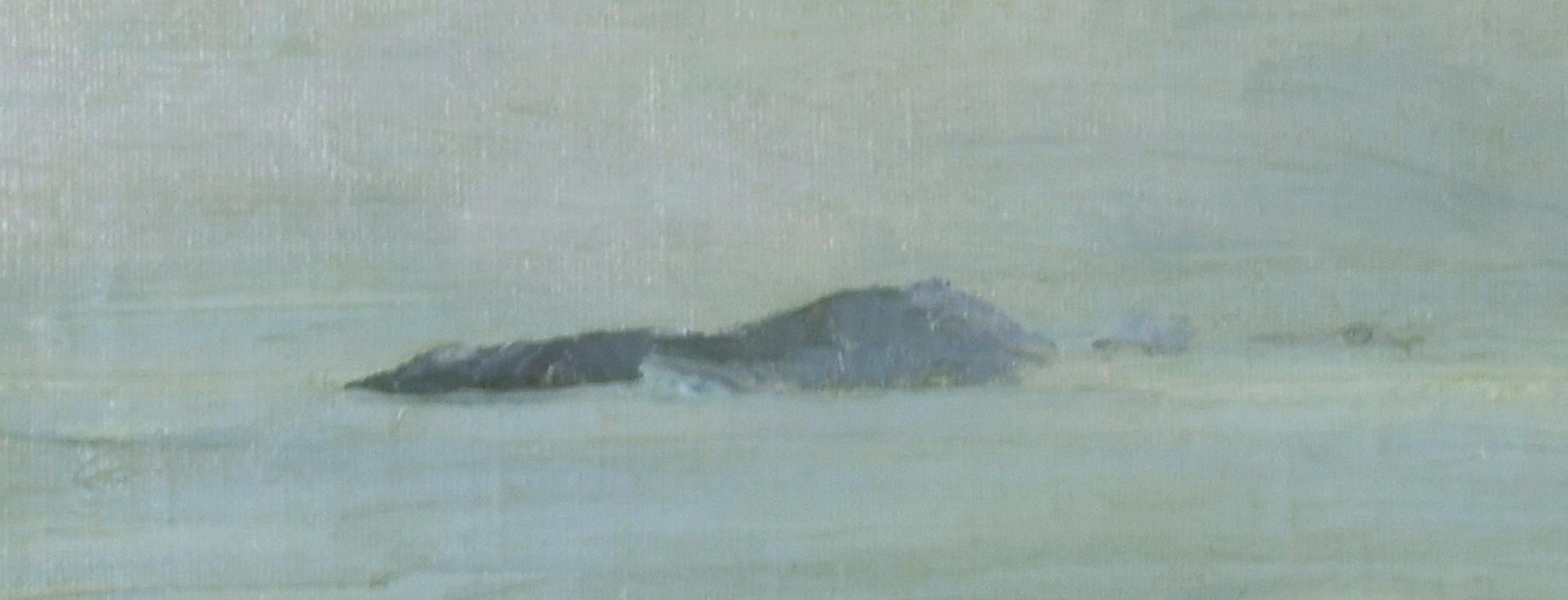 Paisaje marino (frente a Monhegan, Maine)
Óleo sobre lienzo, montado sobre tabla por el artista, c. 1940
Firmado: George G. Adomeit abajo a la derecha
Una vista de la costa de Maine.
Recuerda mucho a los cuadros de Bellows Monhegan de 1916.
Marco de