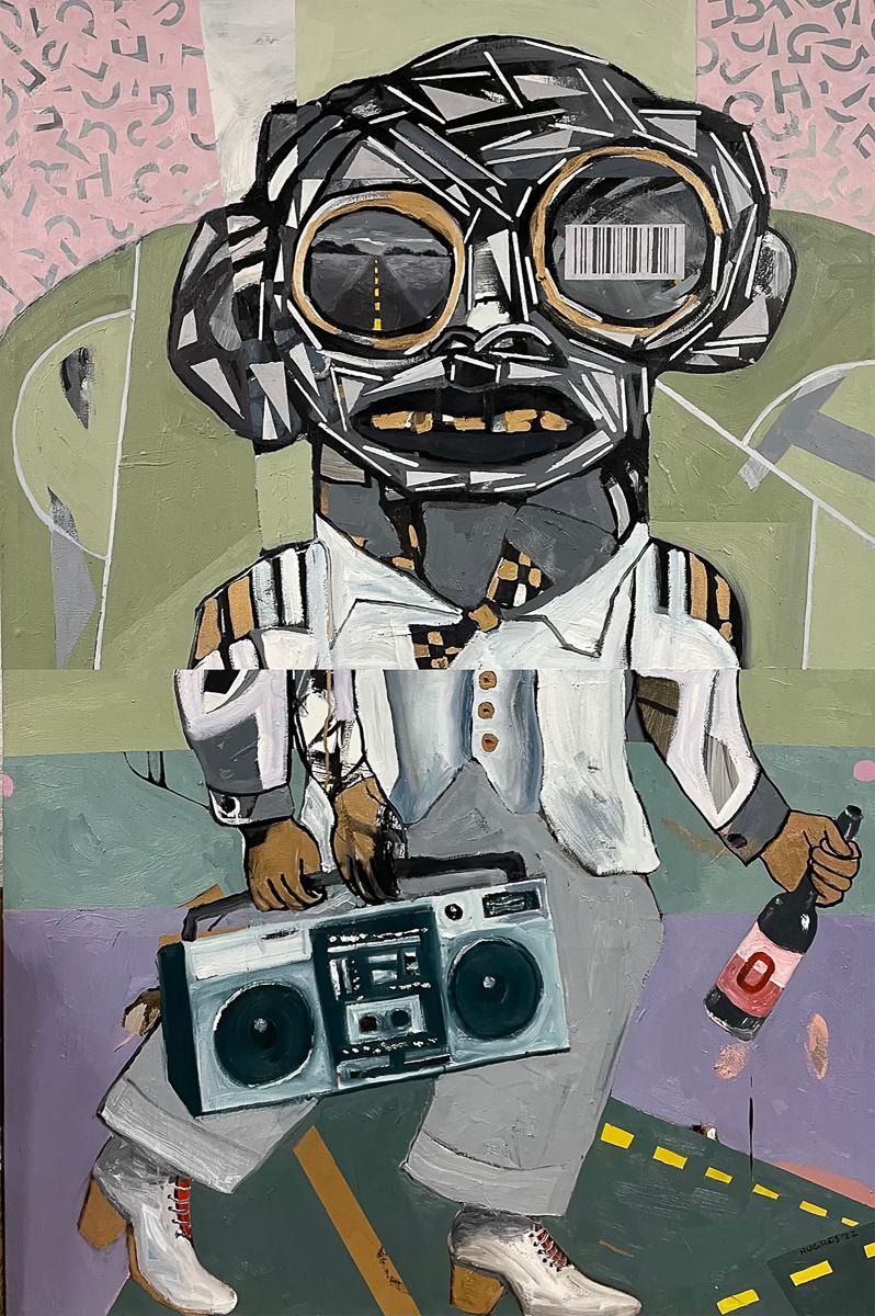 George Afedzi Hughes Figurative Painting - "Bulgey with Boombox" Painting, Acrylic, Oil on Canvas, Cultural Commentary