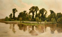 Tranquil River Landscape - Huge Scottish Impressionist Antique Oil Painting