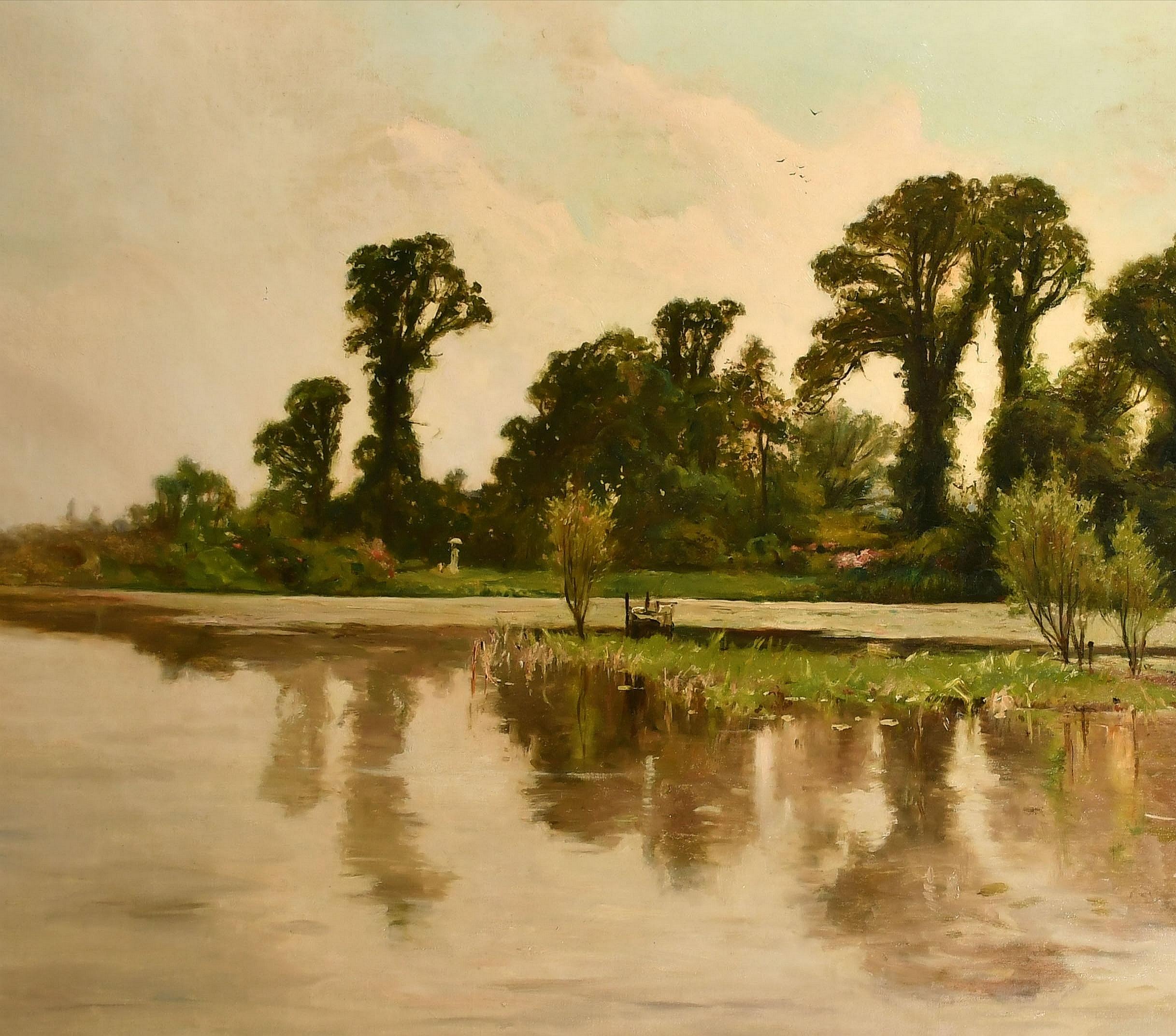 A huge signed and dated 1889 oil on canvas impressionist tranquil river landscape by Scottish Academy artist George Aikman. 

Excellent quality exhibition scale work depicting the edge of a river with large trees reflecting in the water and a lady