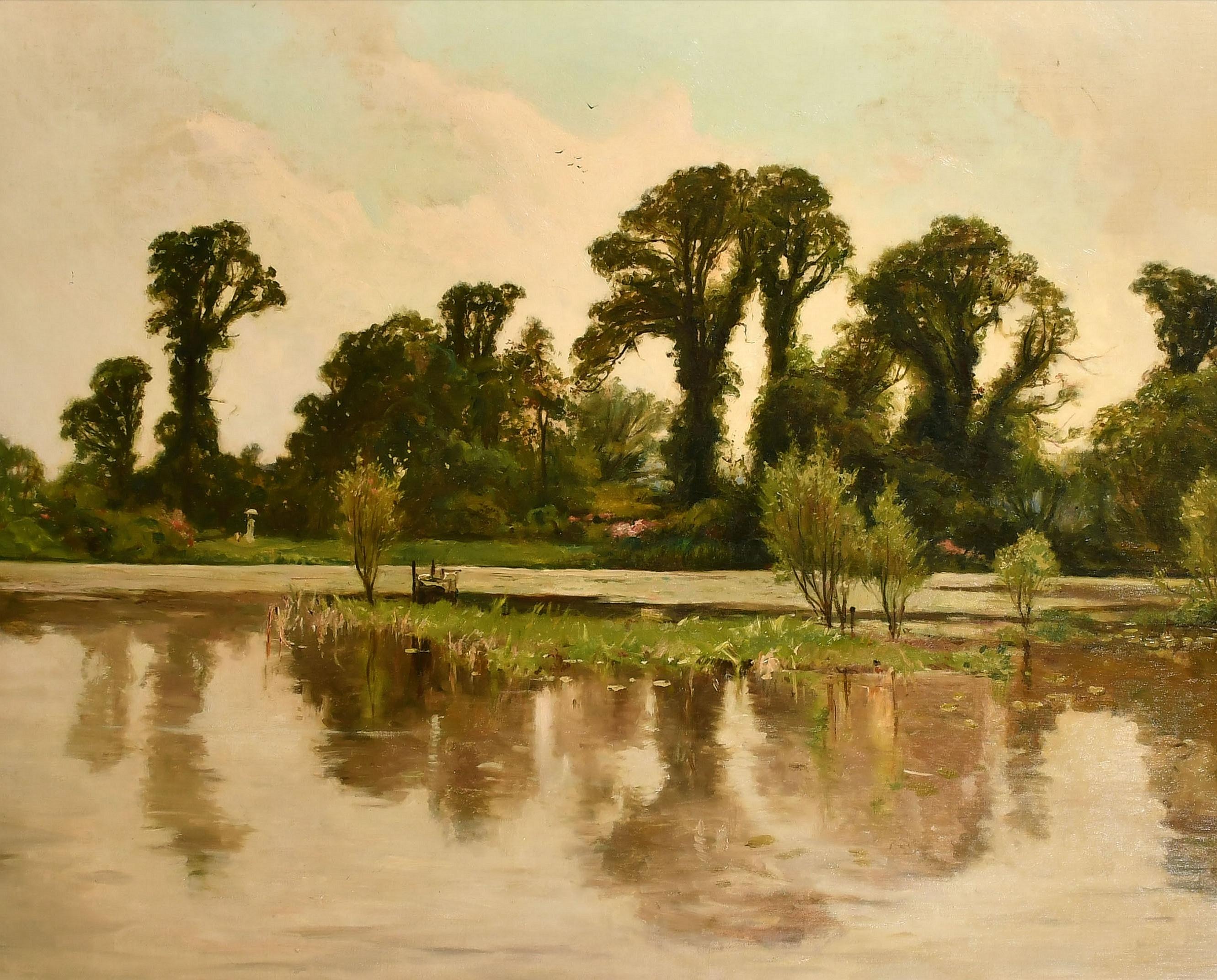 Tranquil River Landscape - Huge Scottish Impressionist Antique Oil Painting 1